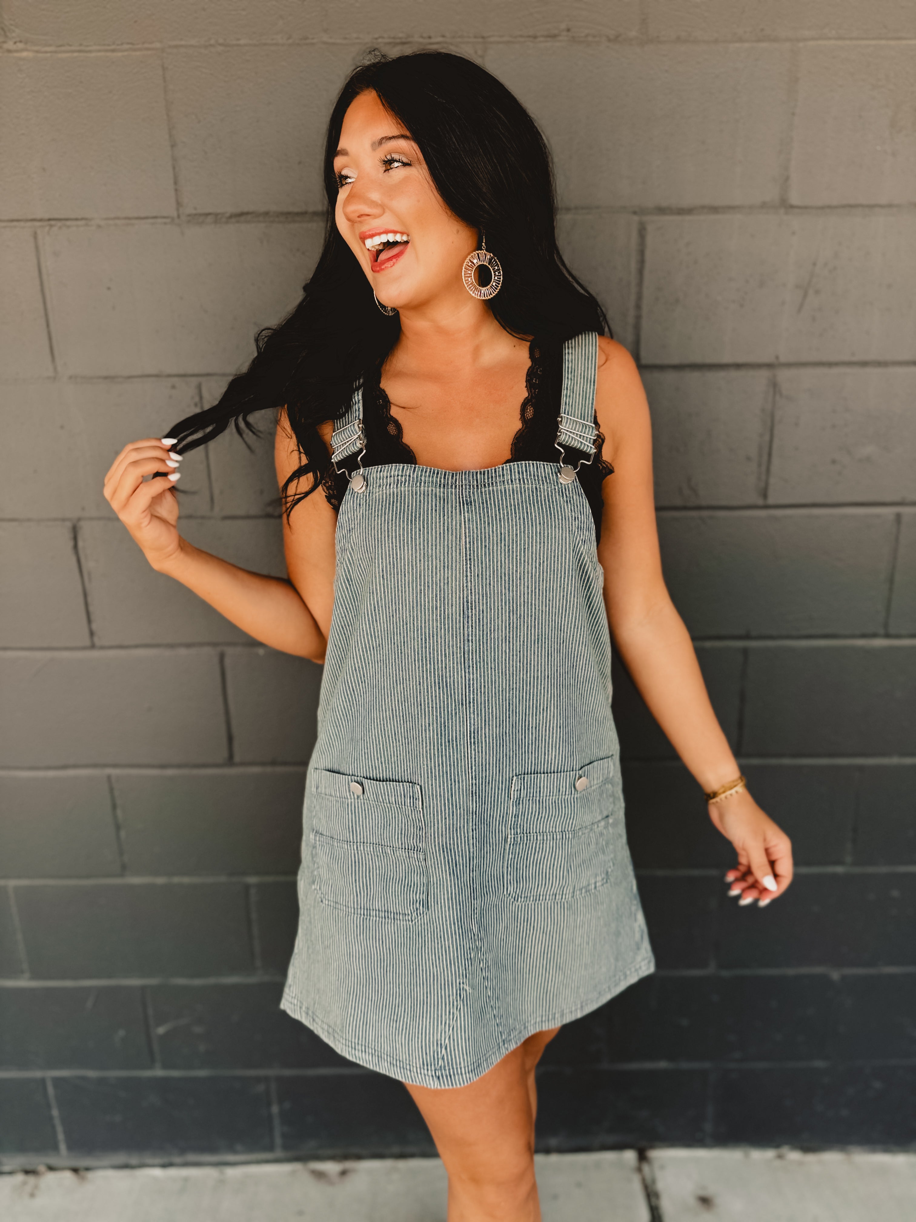 Striped Overall Mini Dress - Denim