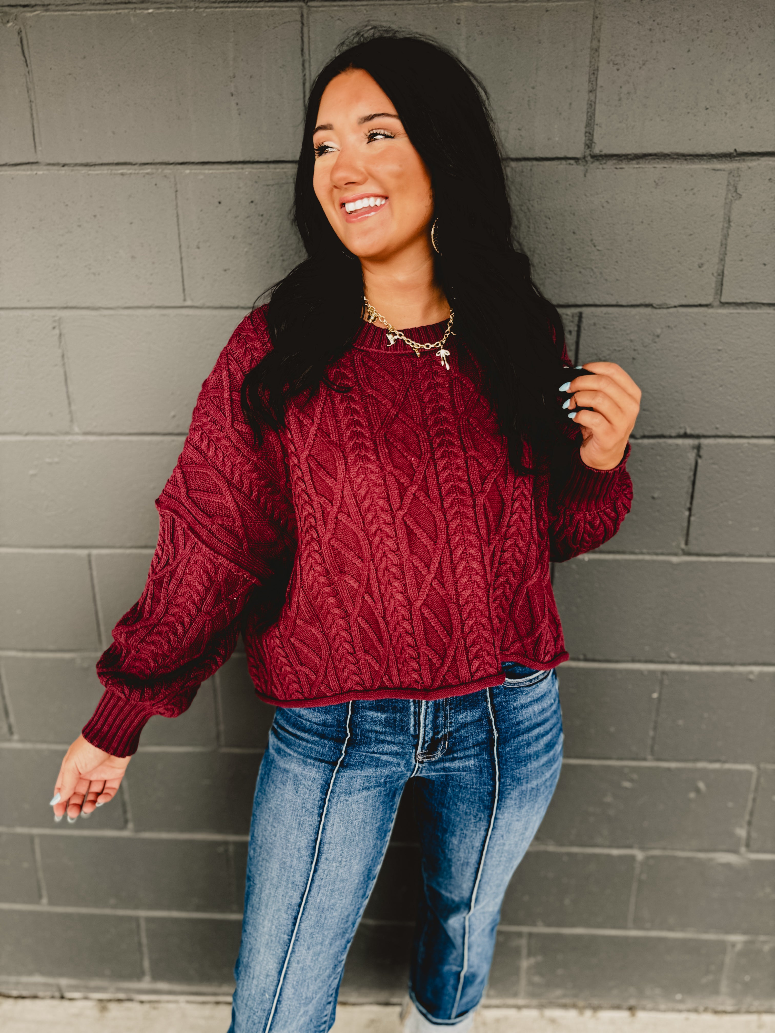 Cotton Cable Knit Pullover - Burgundy Cotton Cable Knit Pullover - Burgundy