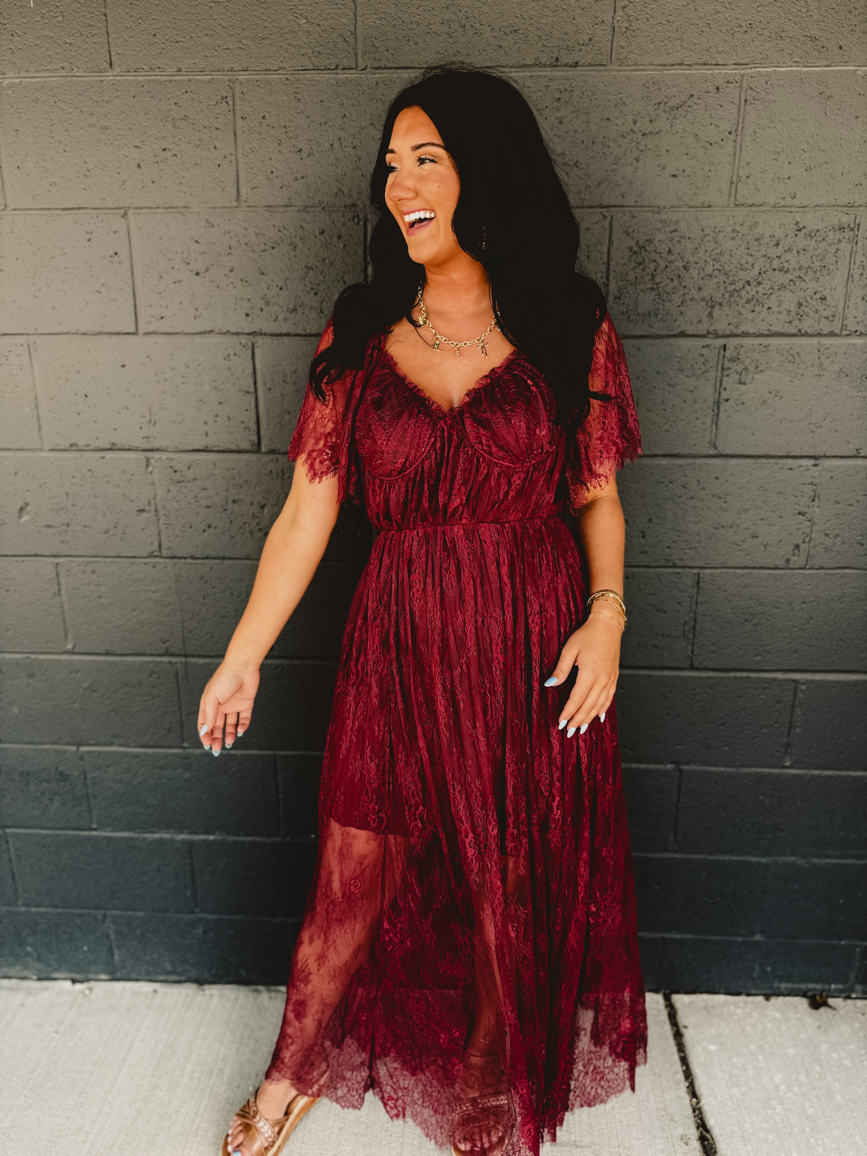 Floral Lace Overlay Maxi Dress - Wine Floral Lace Overlay Maxi Dress - Wine