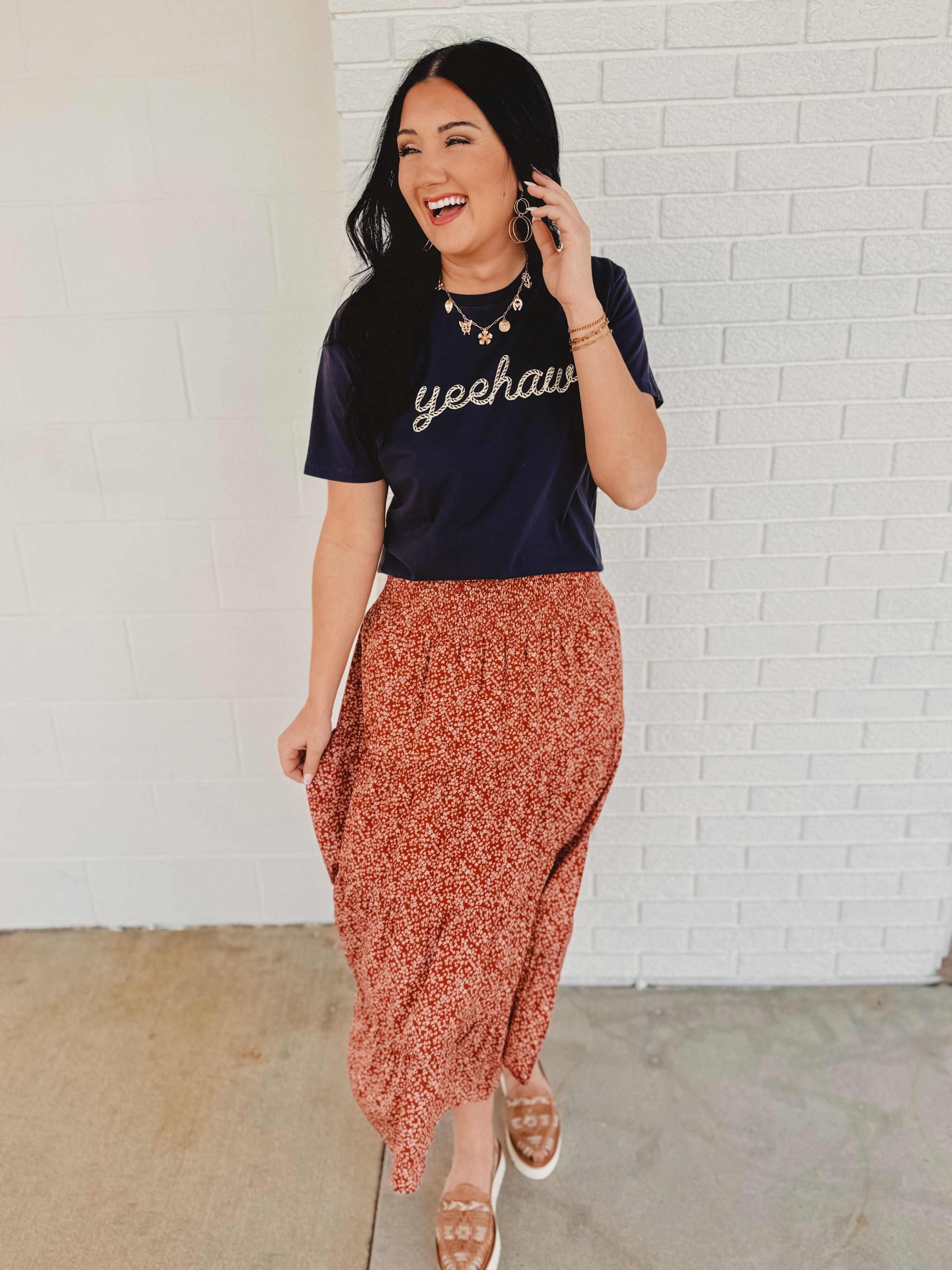 Floral Tiered Midi Skirt with Front Slit - Rust Floral Tiered Midi Skirt with Front Slit - Rust