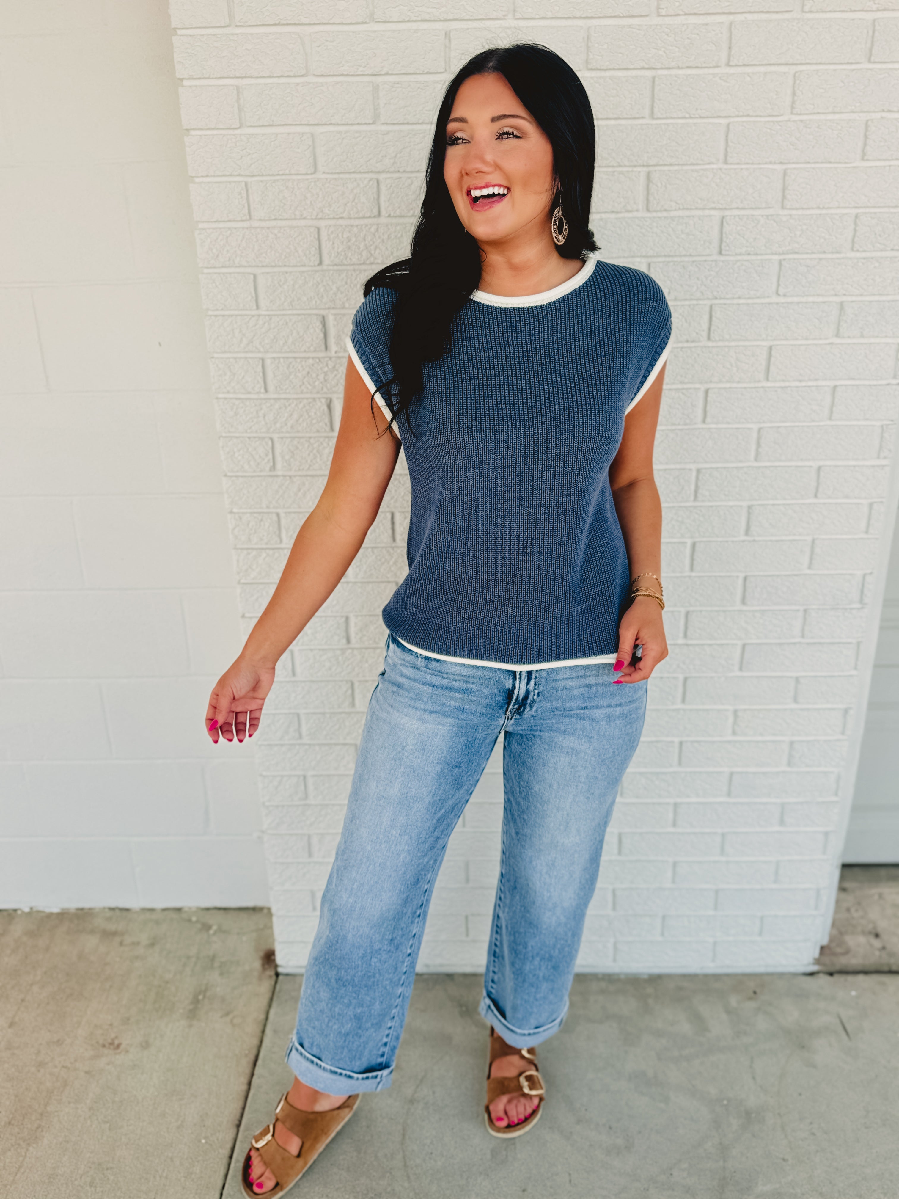 Contrast Rolled Edge Sweater - Nile Blue Contrast Rolled Edge Sweater - Nile Blue