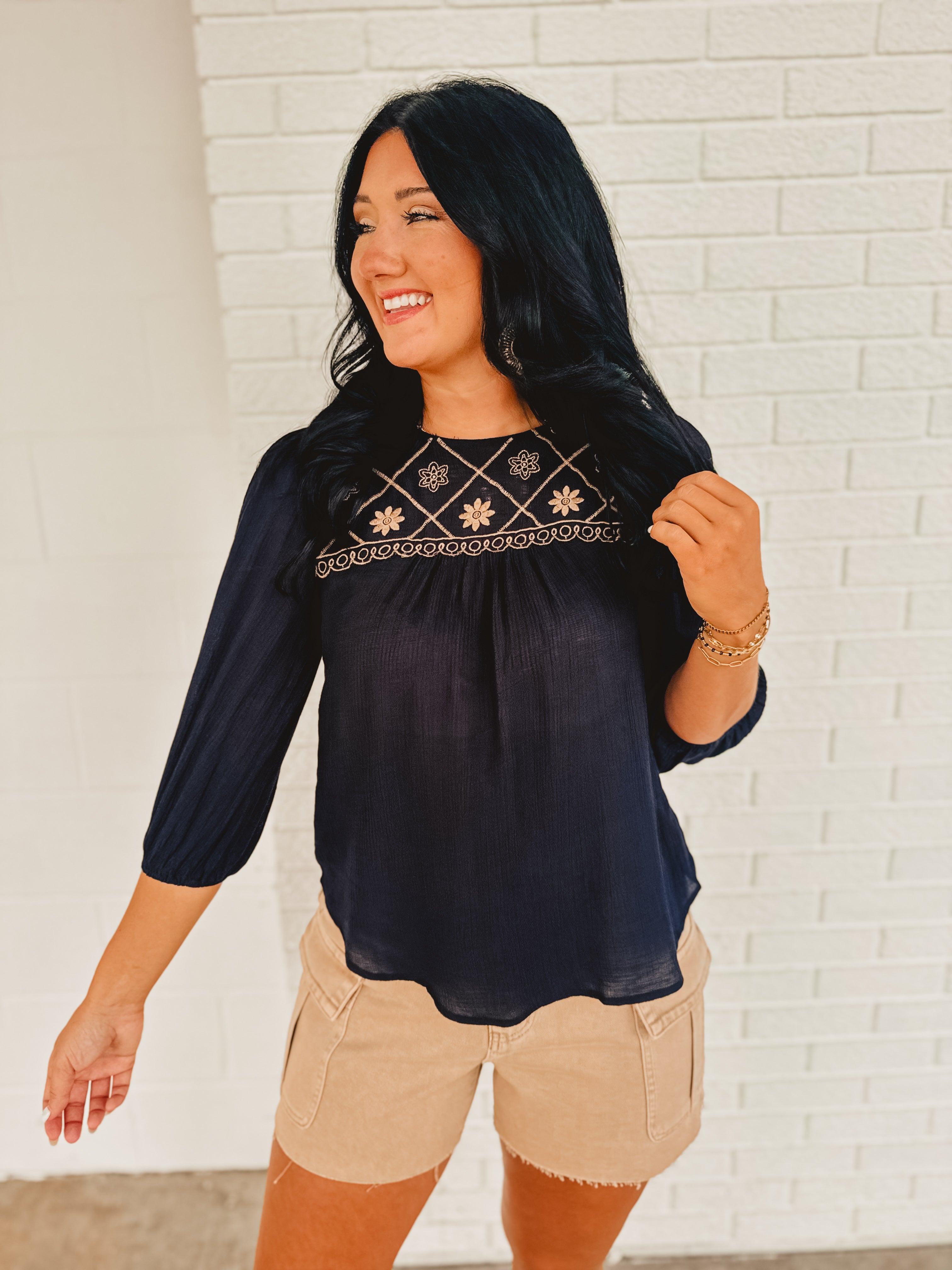 Half Sleeve Embroidered Blouse - Navy
