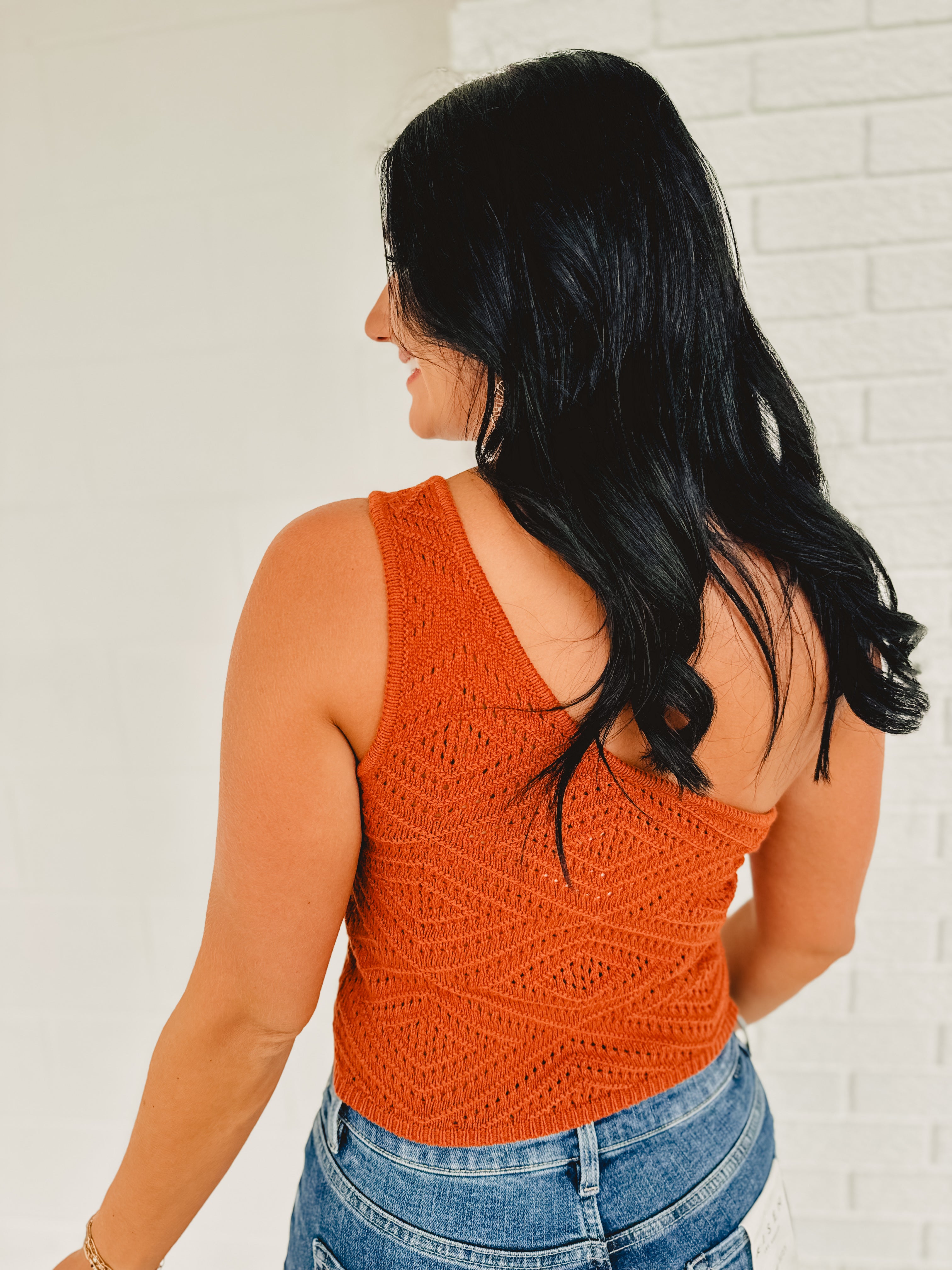 Crochet Knit One Shoulder Crop Top - Rust Crochet Knit One Shoulder Crop Top - Rust