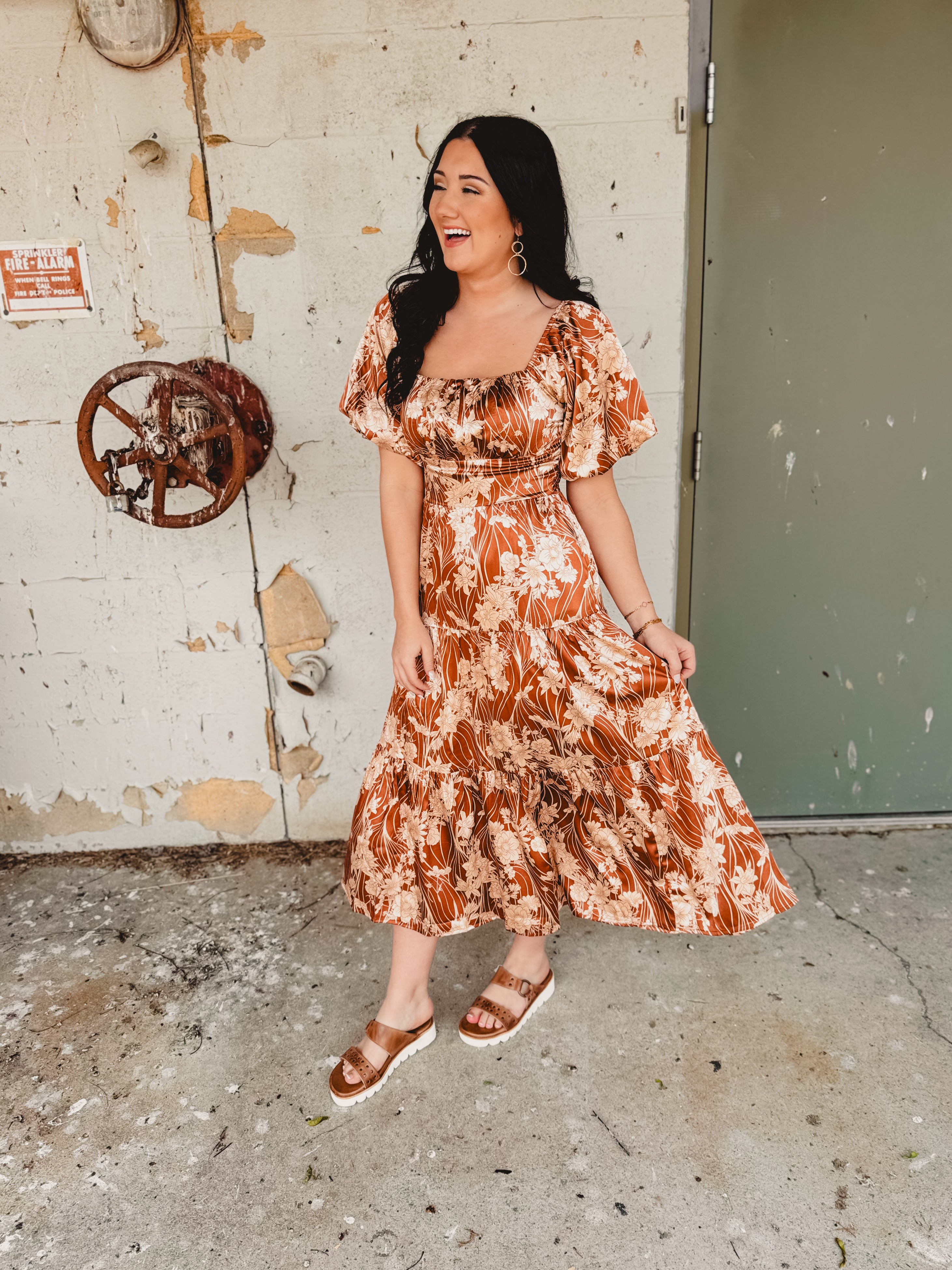 Puff Sleeve Floral Silky Maxi Dress - Butterscotch
