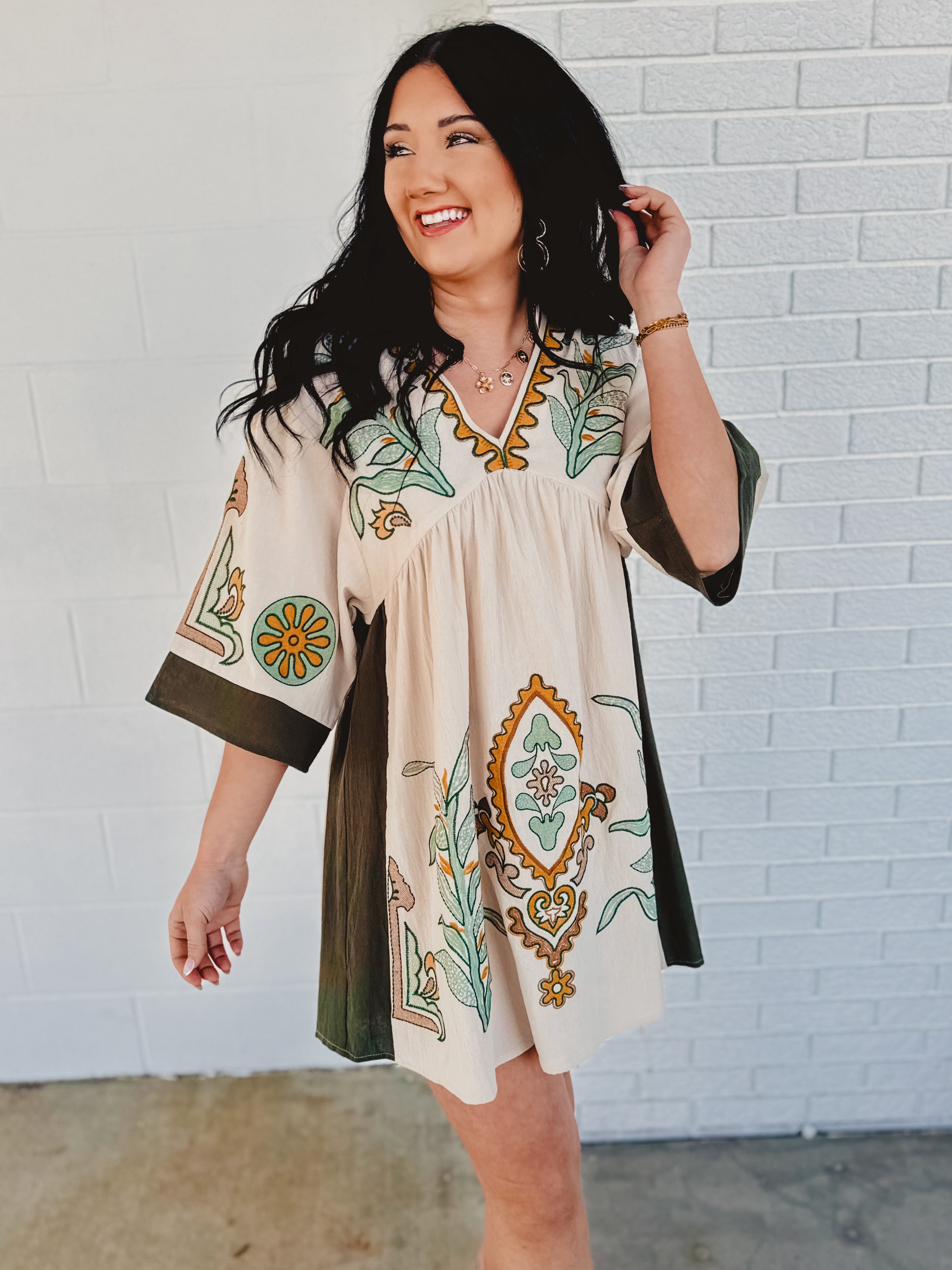 Boho Embroidered Babydoll Dress - Sage Boho Embroidered Babydoll Dress - Sage