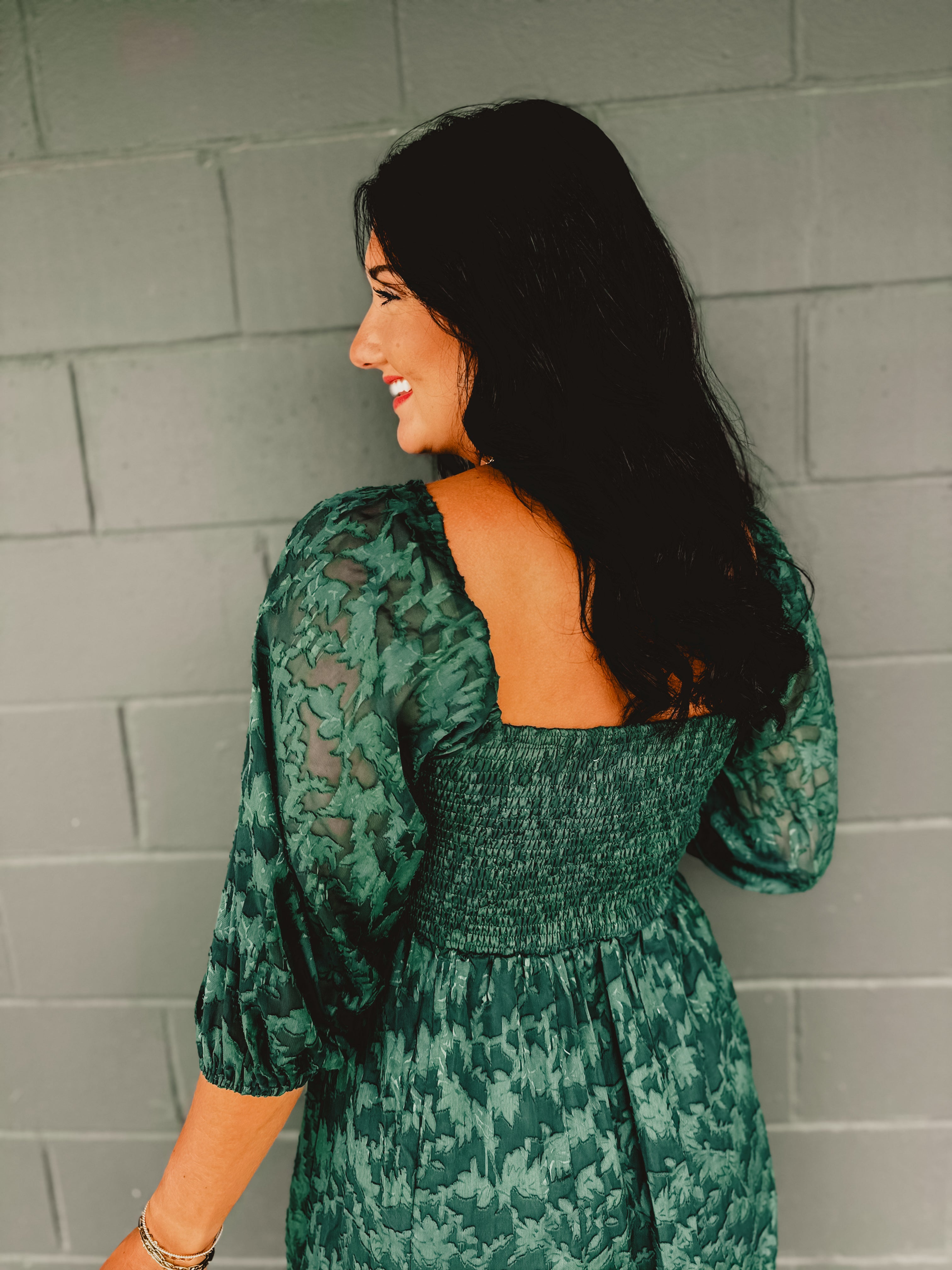 PREORDER: Jacquard Smocked Ruffled Hem Maxi Dress - Hunter Green