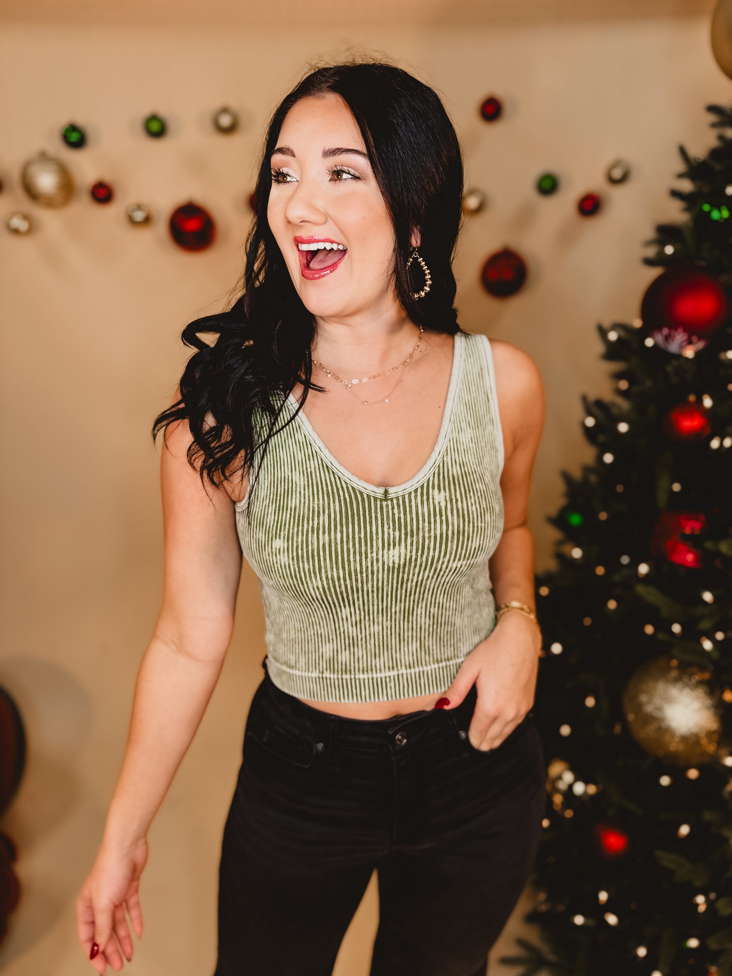 Coming Back V-Neck Cropped Tank - Ash Olive