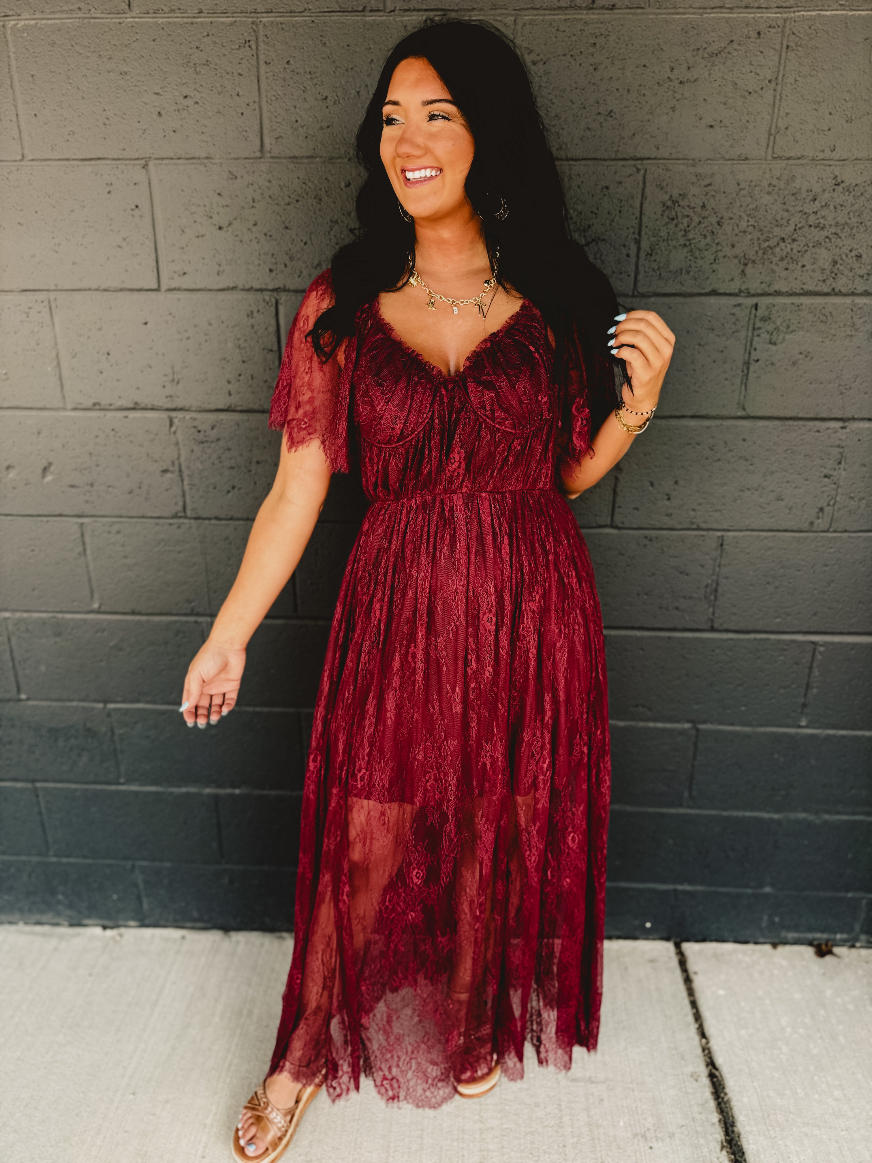 Floral Lace Overlay Maxi Dress - Wine Floral Lace Overlay Maxi Dress - Wine