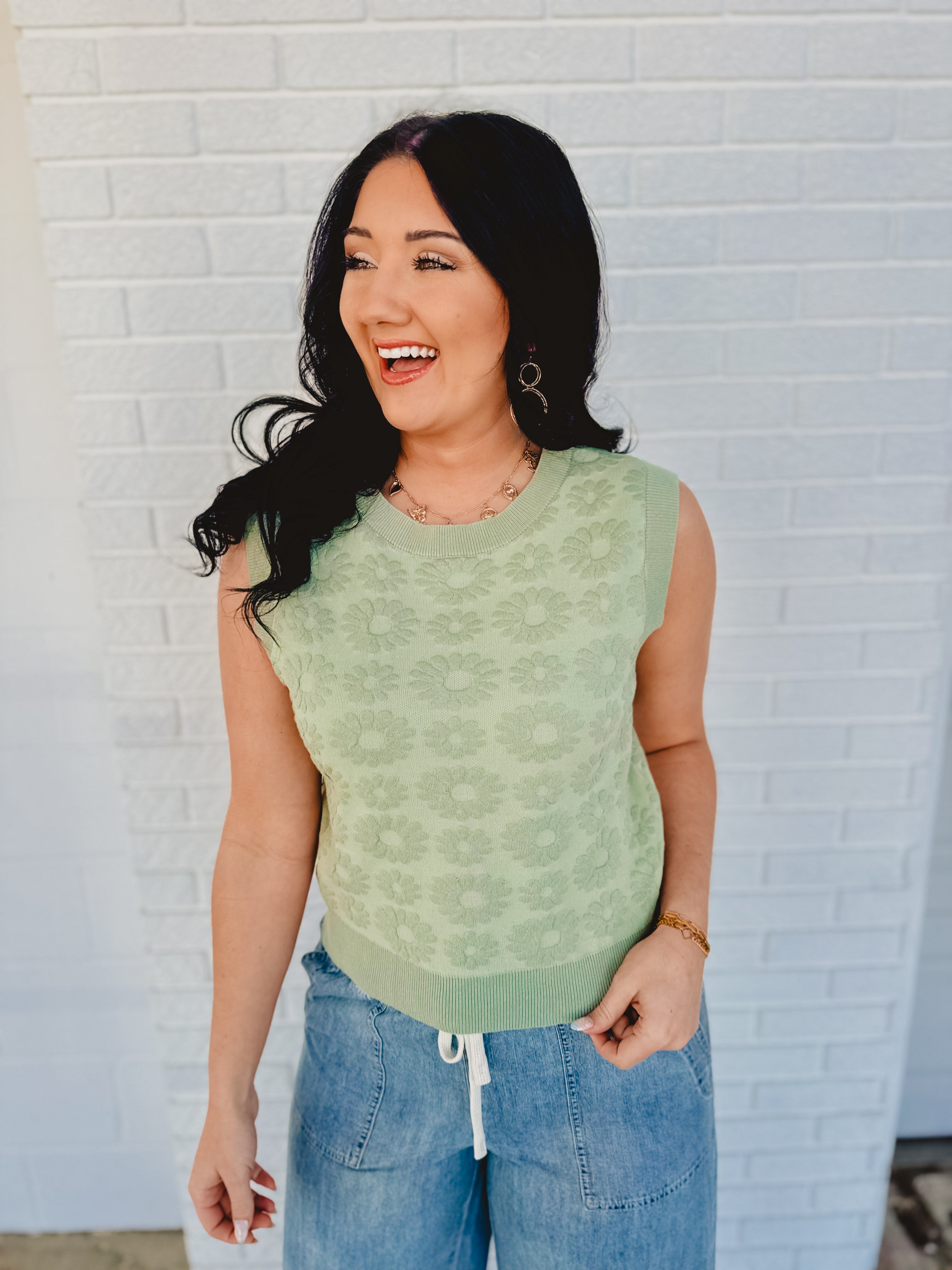 Floral Jacquard Sweater Knit Top - Sage