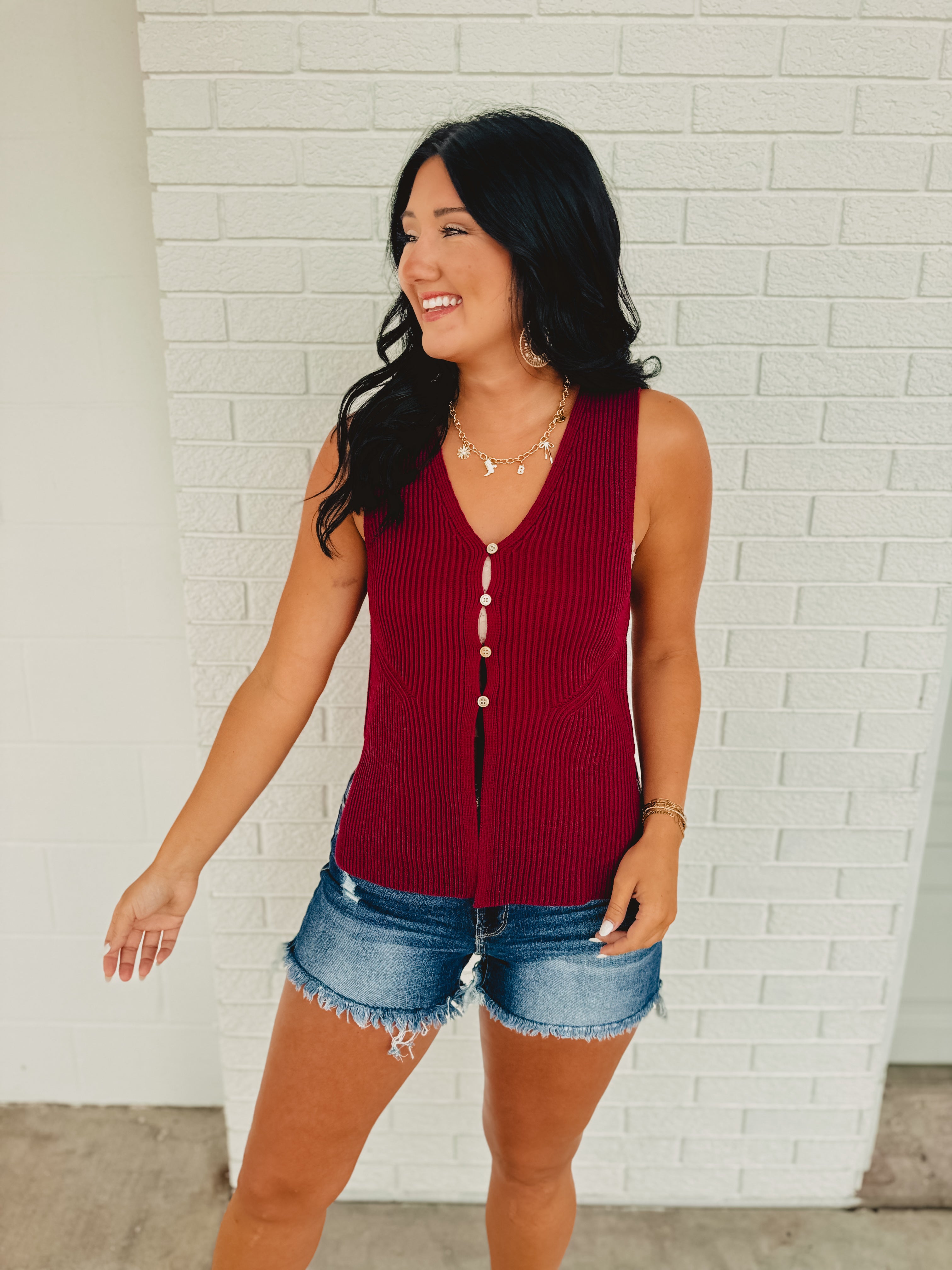 Button-Up V-Neck Sweater Vest - Cabernet