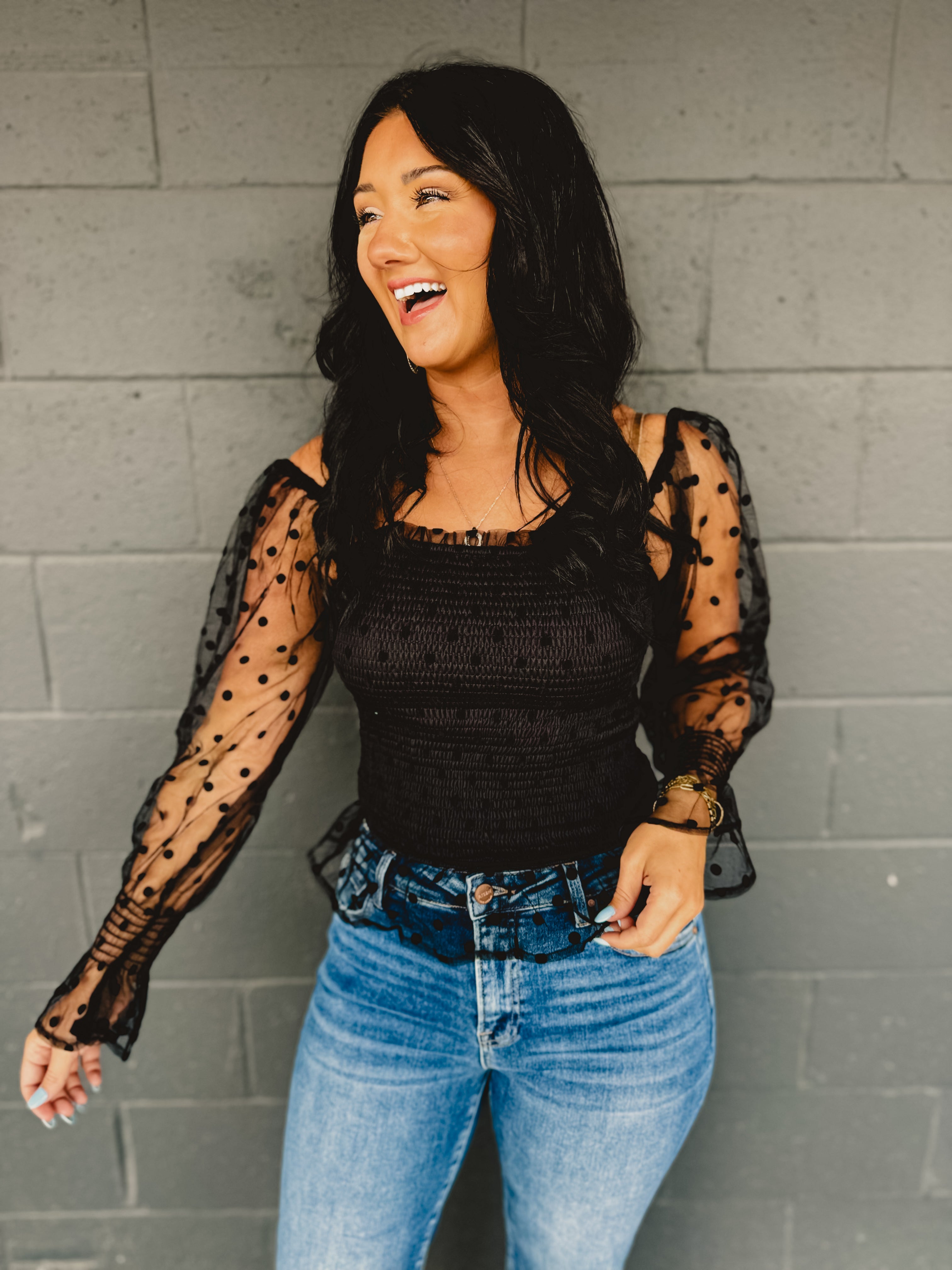 Dotted Mesh Sleeve Top - Black Dotted Mesh Sleeve Top - Black