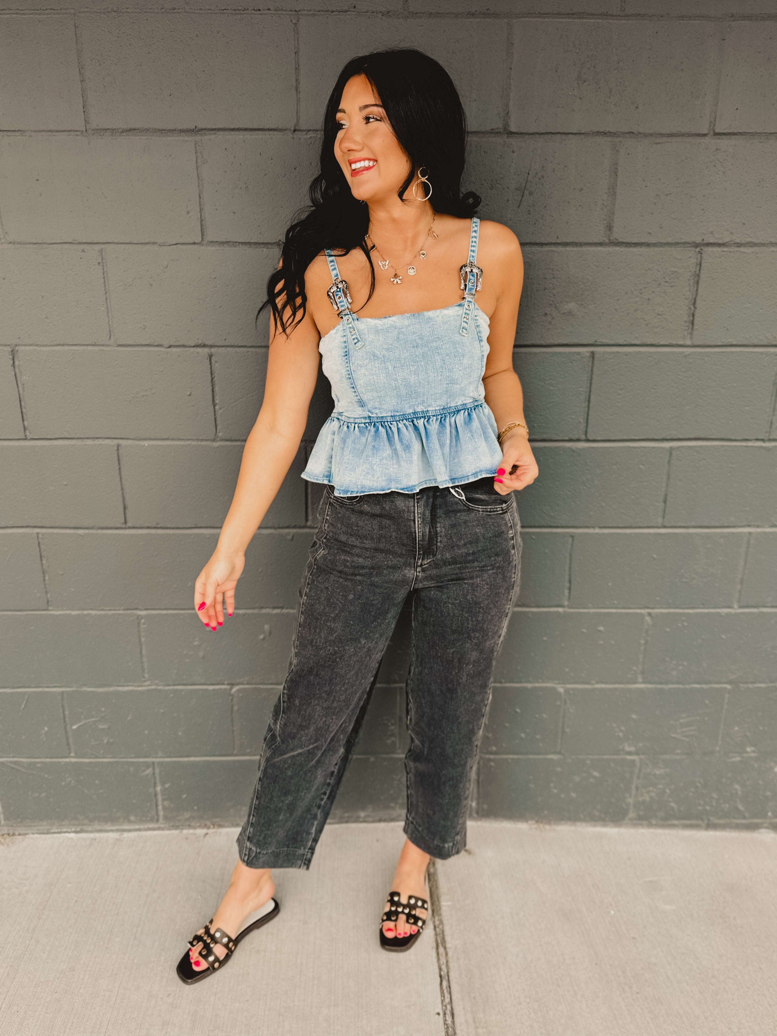 Western Buckle Denim Peplum Tank - Light Wash Western Buckle Denim Peplum Tank - Light Wash