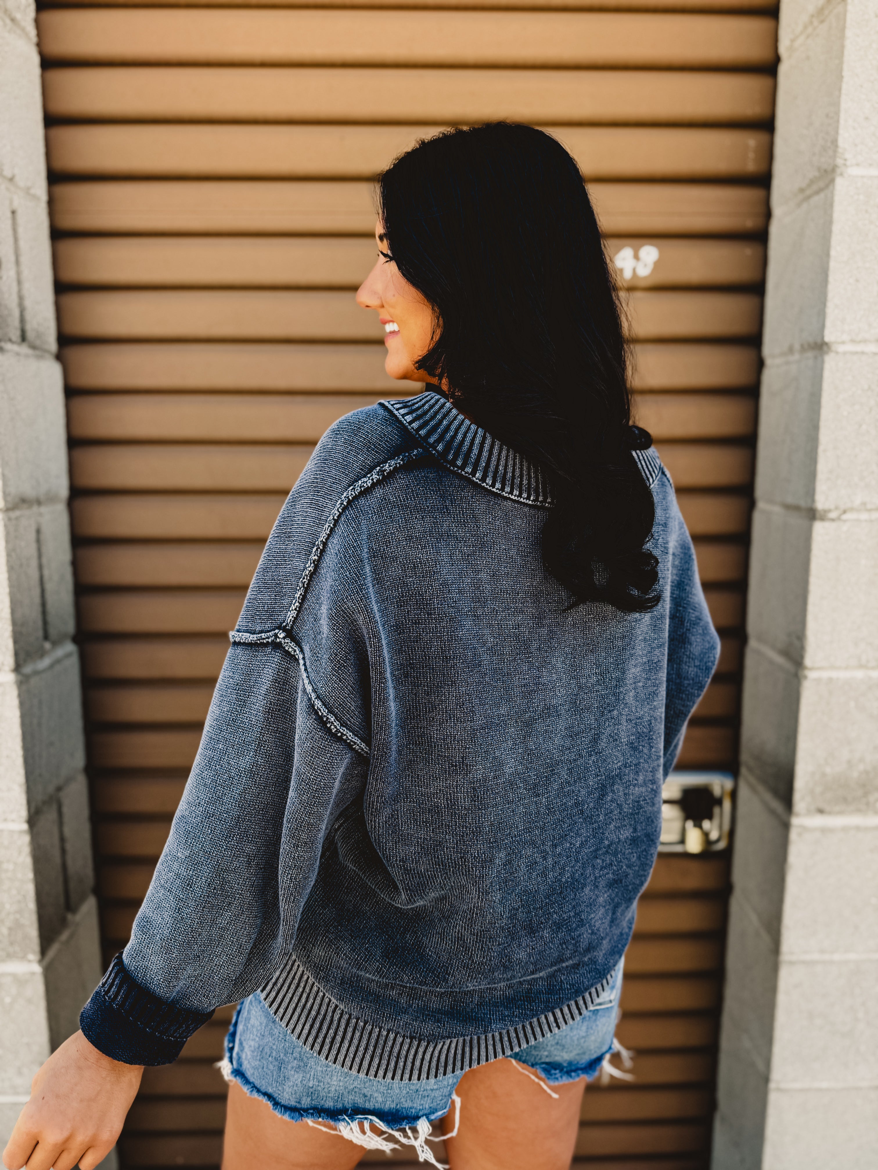 Oversized V-Neck Washed Sweater - Navy
