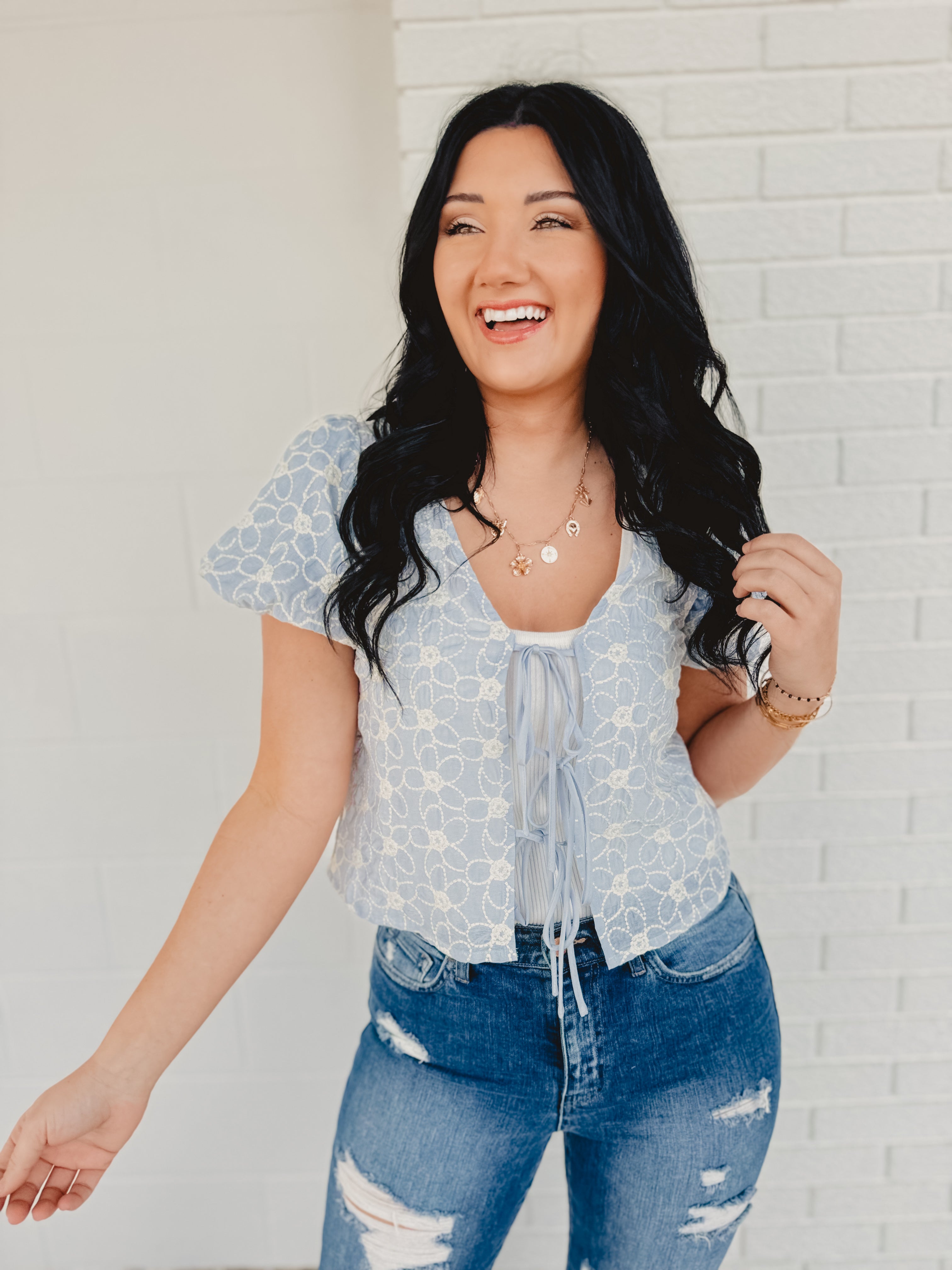 Tie Front Embroidered Top - Ice Blue