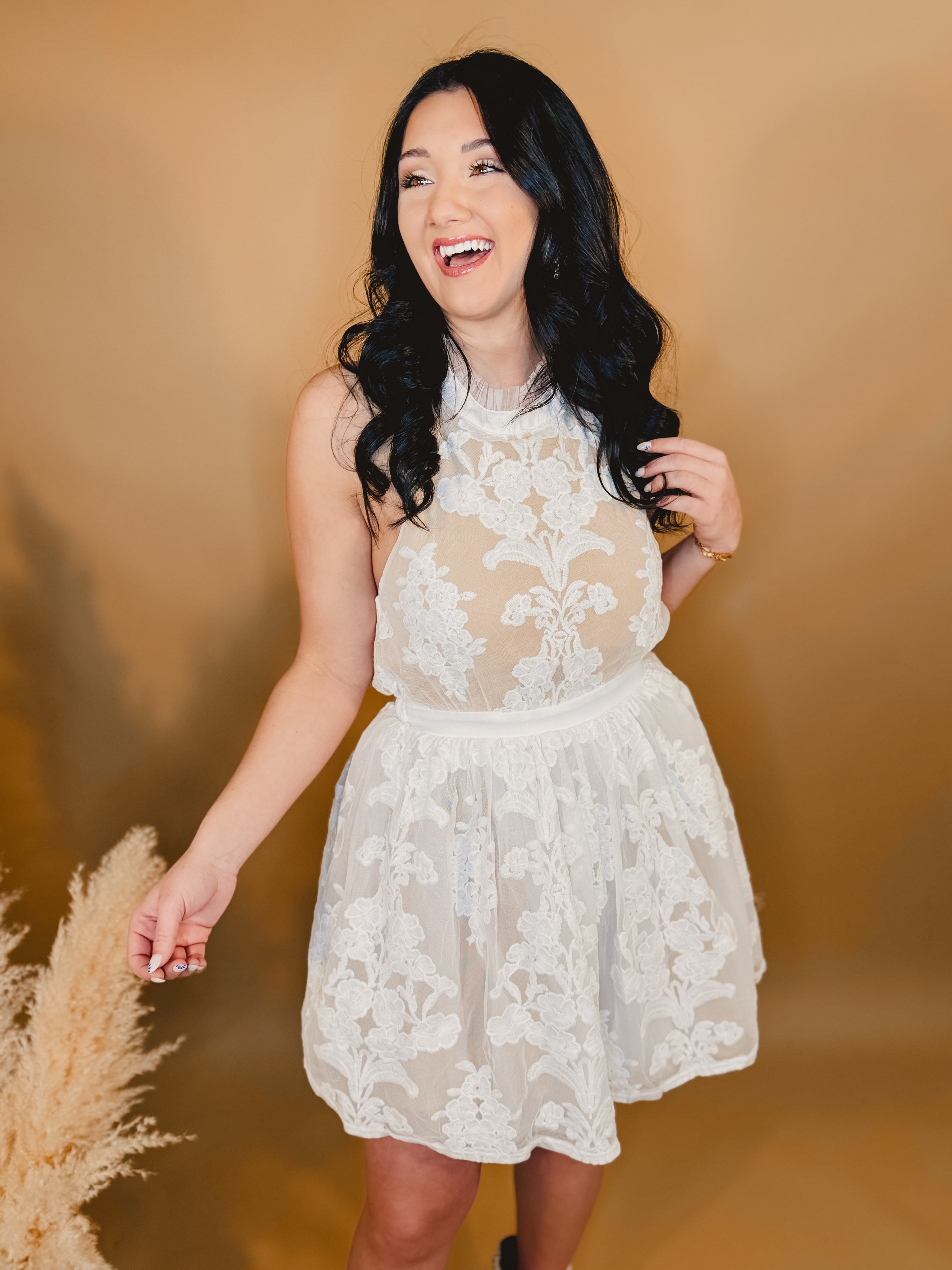 Floral Lace Sheer Mini Dress - Cream Floral Lace Sheer Mini Dress - Cream