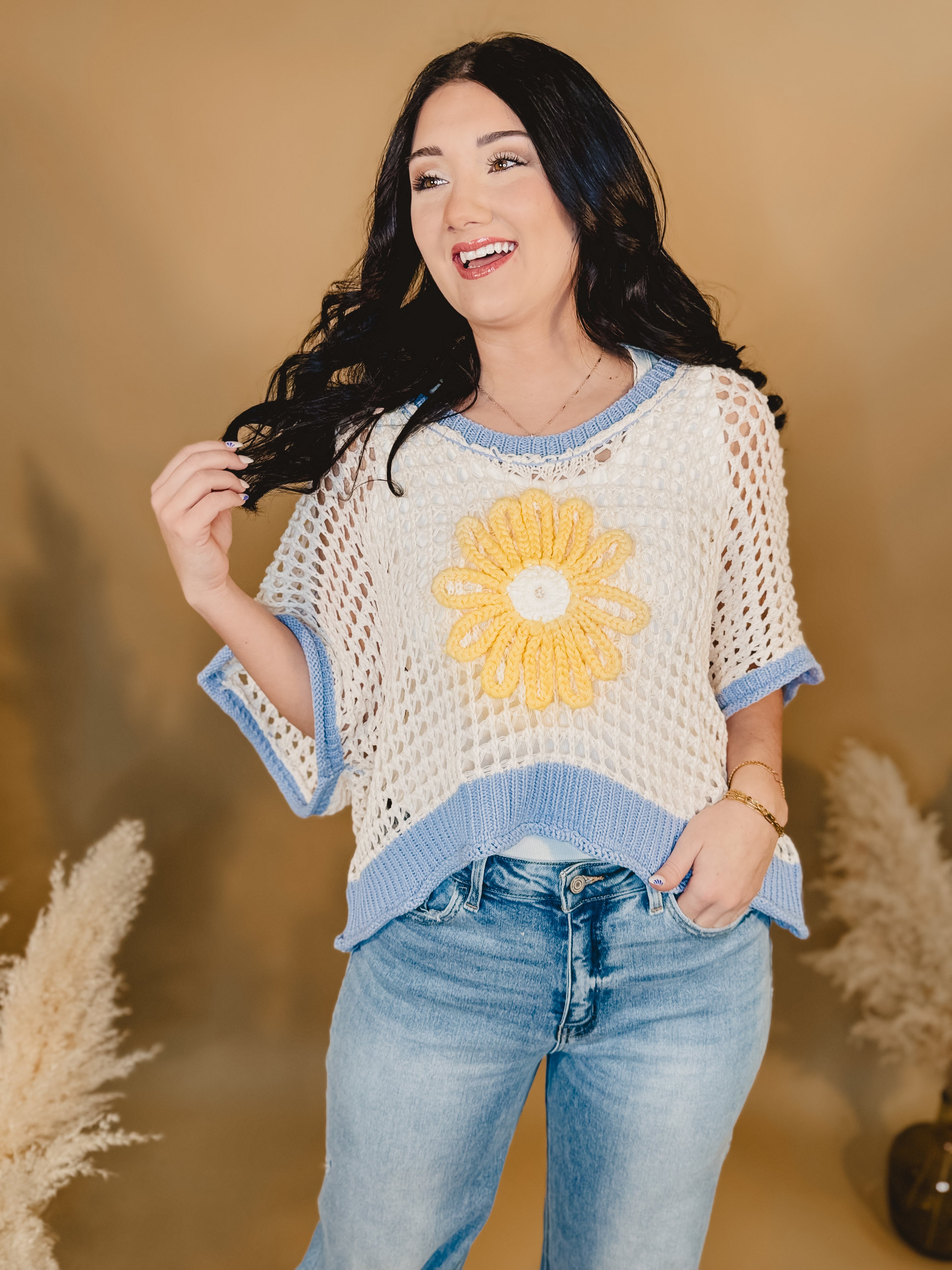 Daisy Crochet Knit Sweater - Ivory / Blue Daisy Crochet Knit Sweater - Ivory / Blue