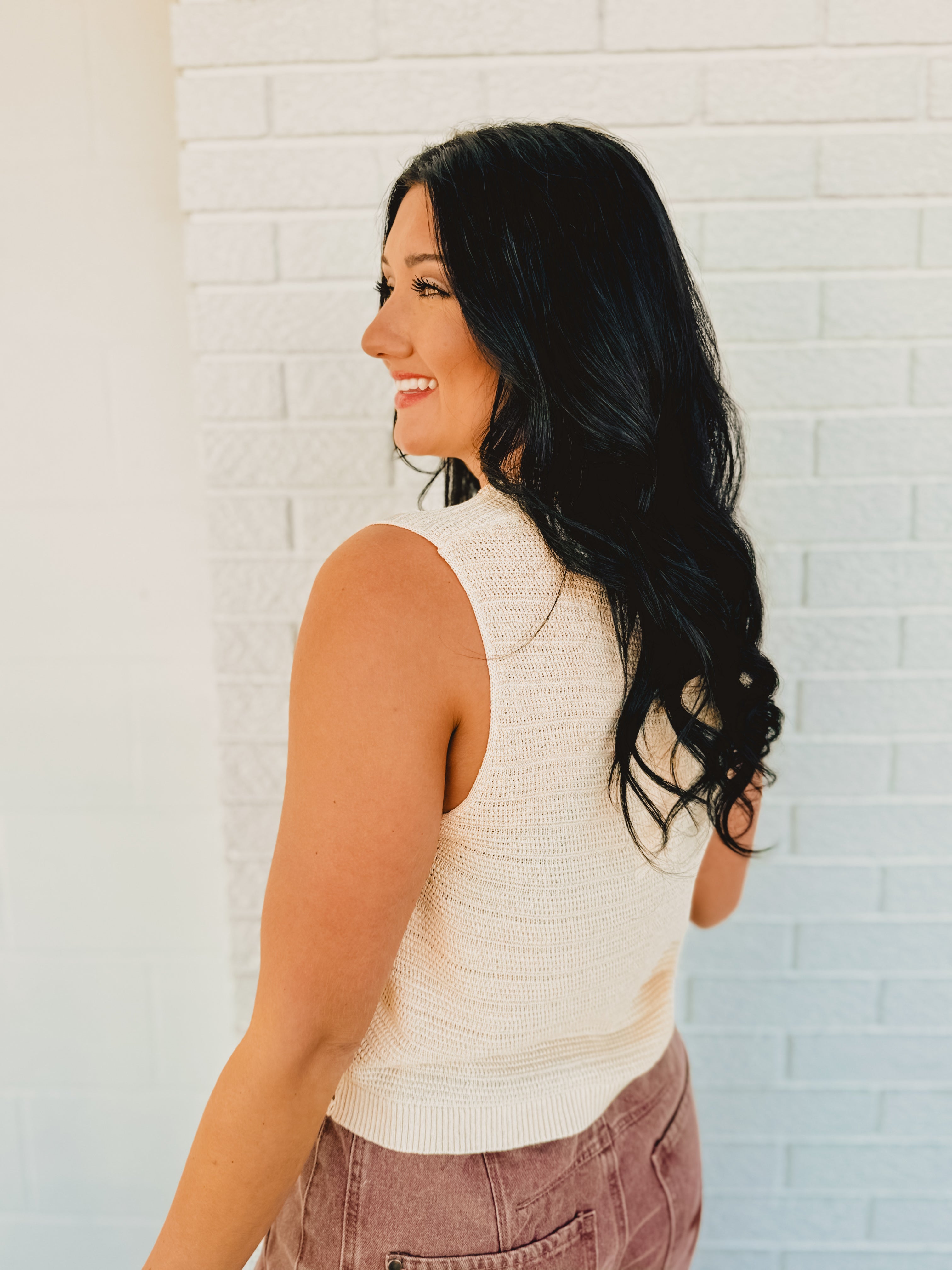 Crochet Trimmed Button Down Sweater Vest - Oatmeal Crochet Trimmed Button Down Sweater Vest - Oatmeal