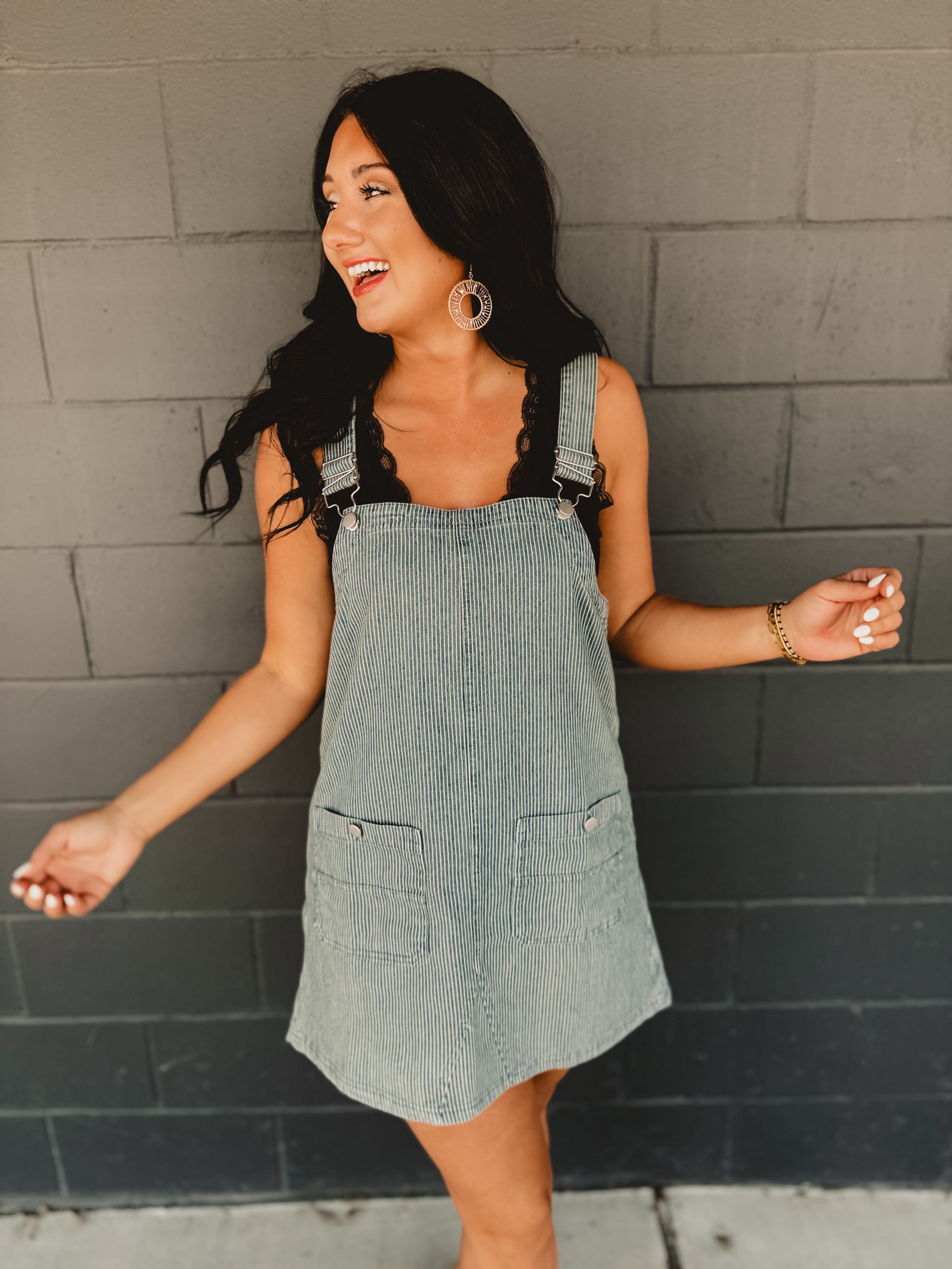 Striped Overall Mini Dress - Denim