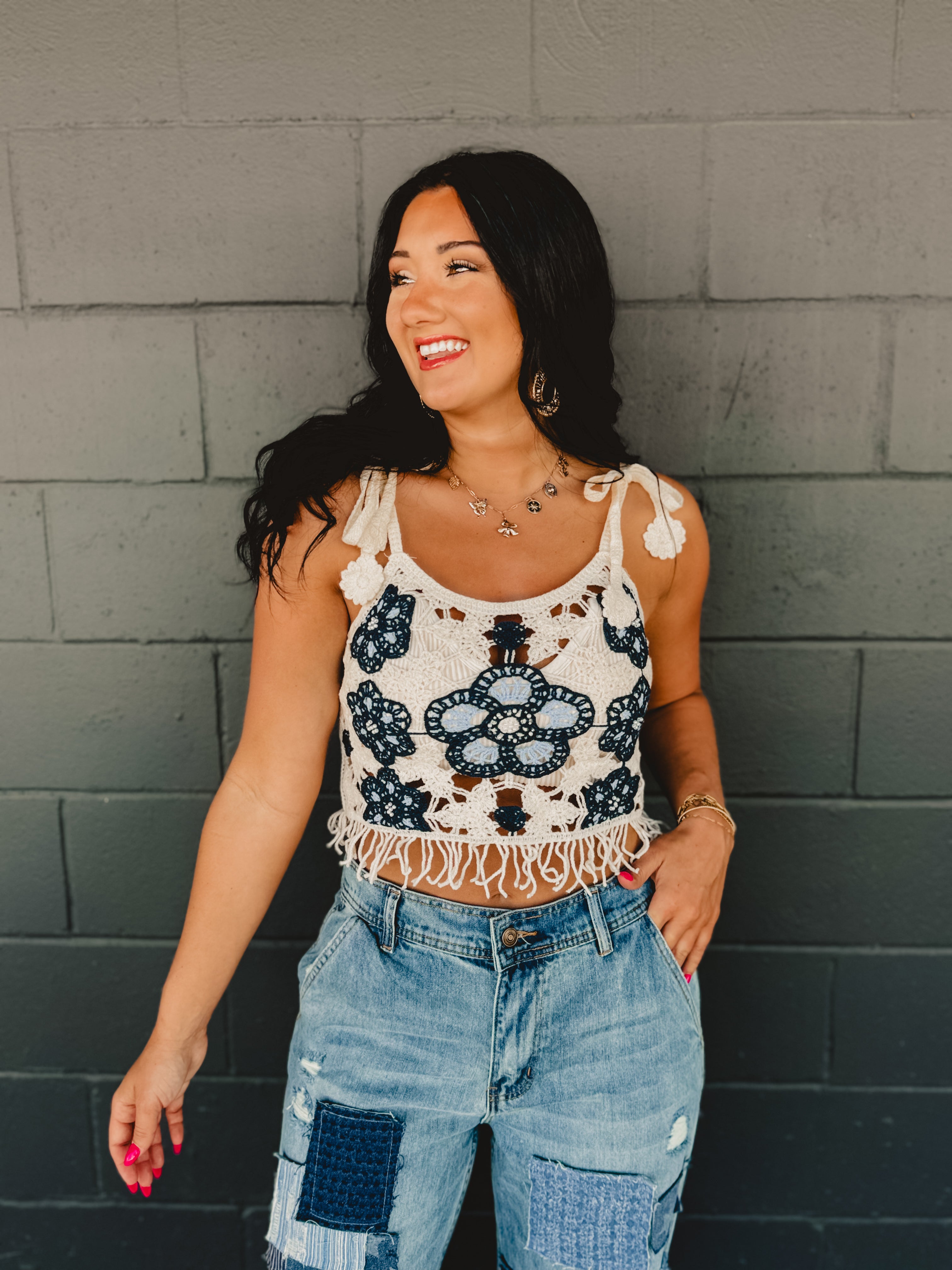 POL Crochet Weave Knit Tank - Blue/Cream POL Crochet Weave Knit Tank - Blue/Cream