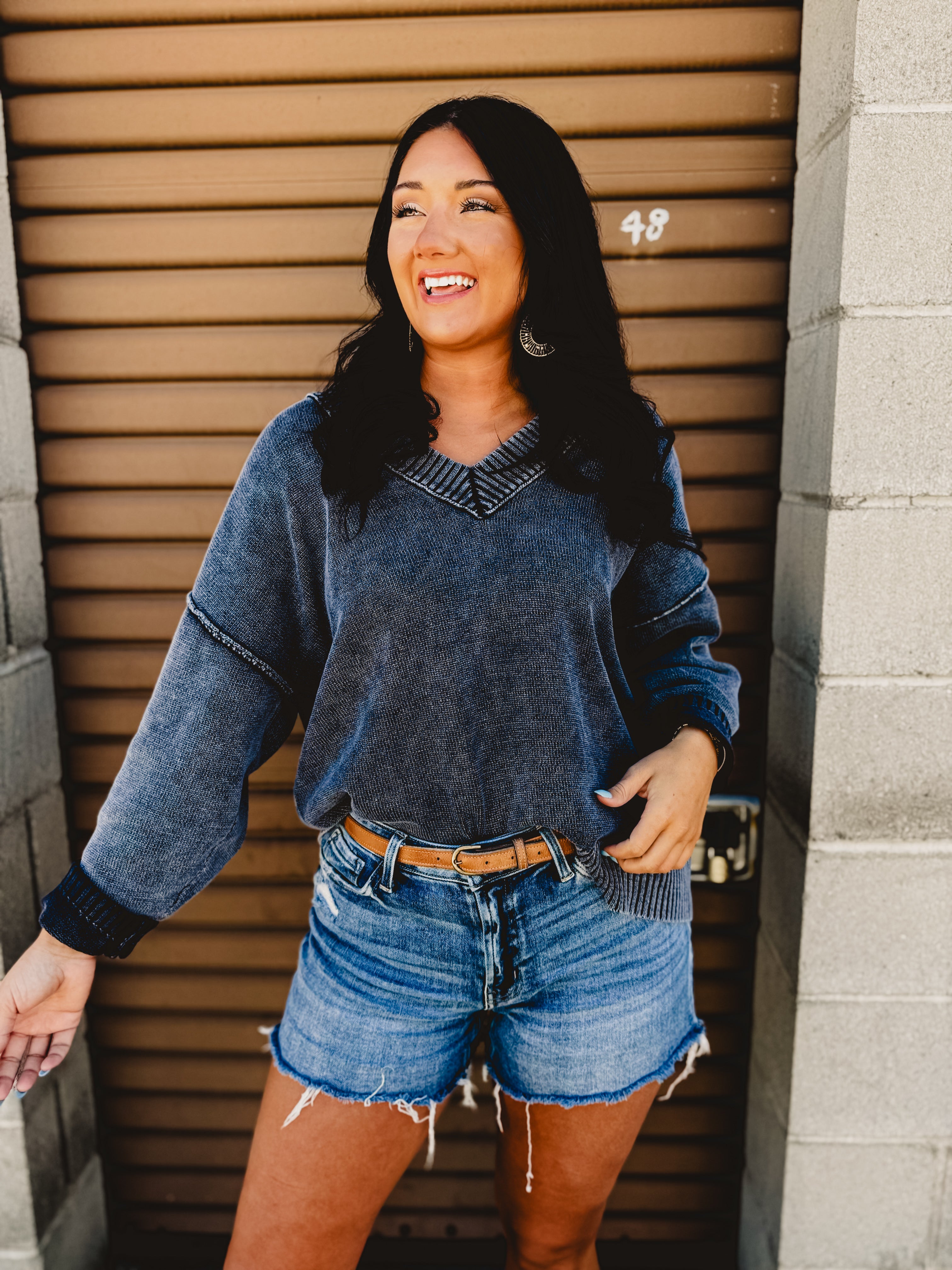 Oversized V-Neck Washed Sweater - Navy