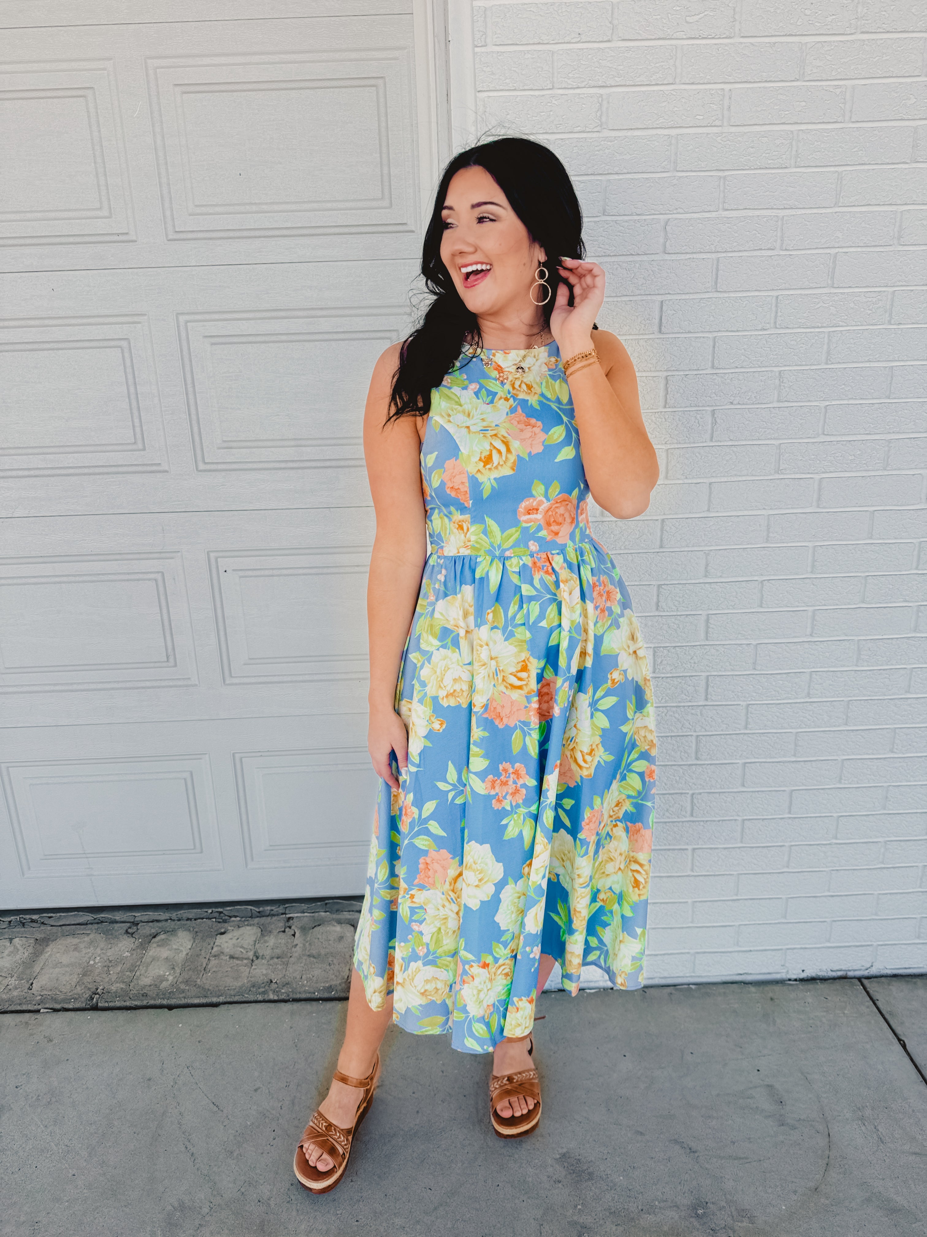 Floral Print Midi Dress - Powder Blue