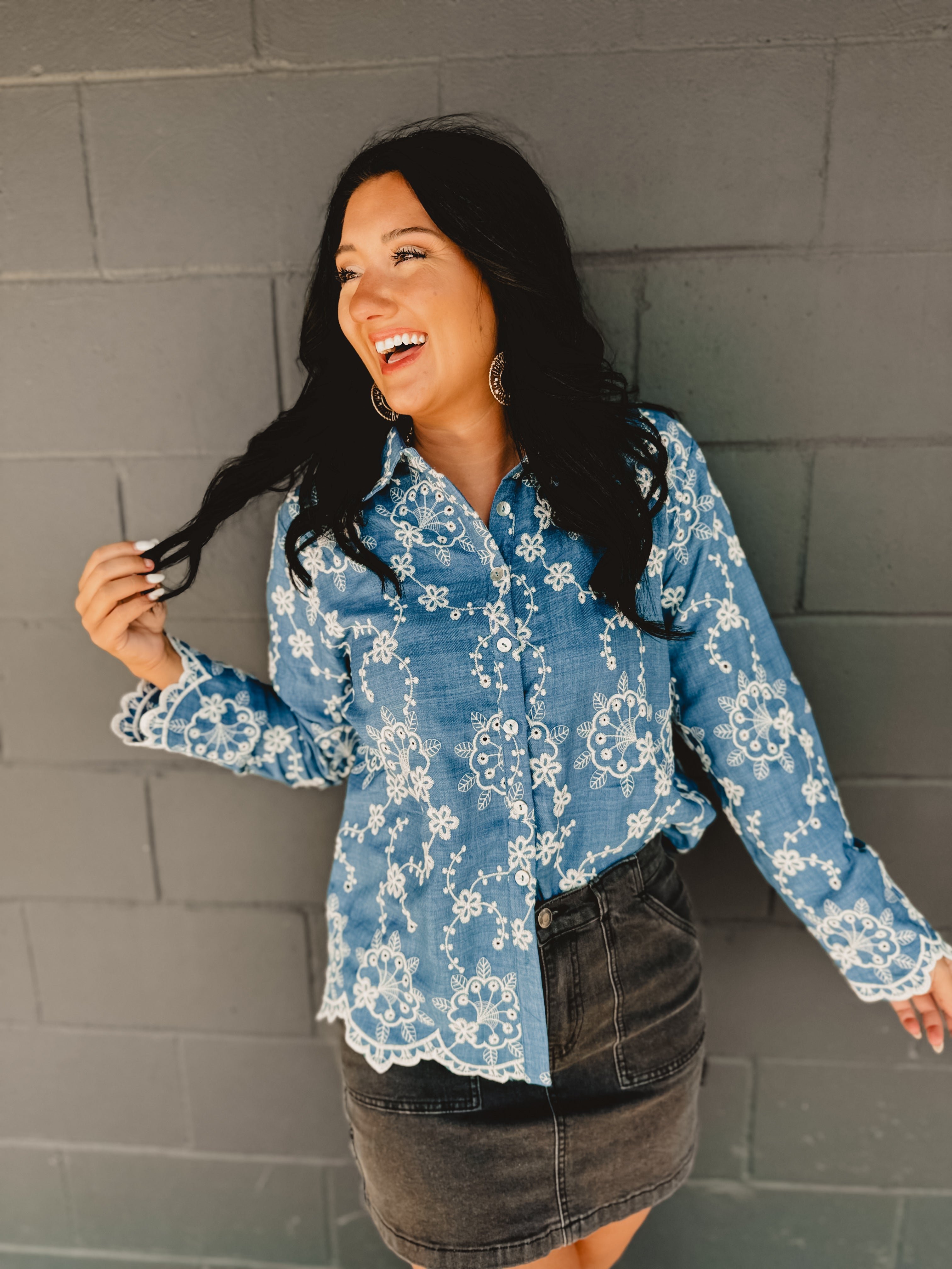 Button Down Floral Embroidered Denim Top Button Down Floral Embroidered Denim Top