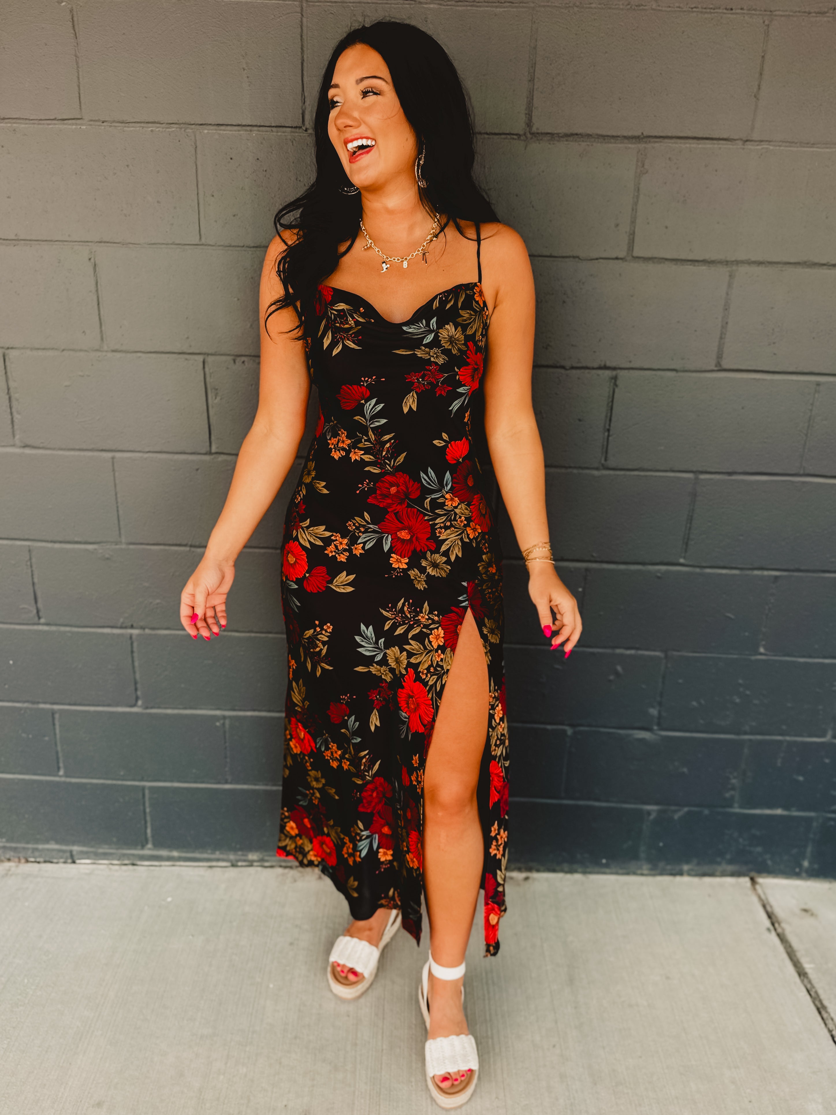 Black Satin Dress - Floral Black Satin Dress - Floral