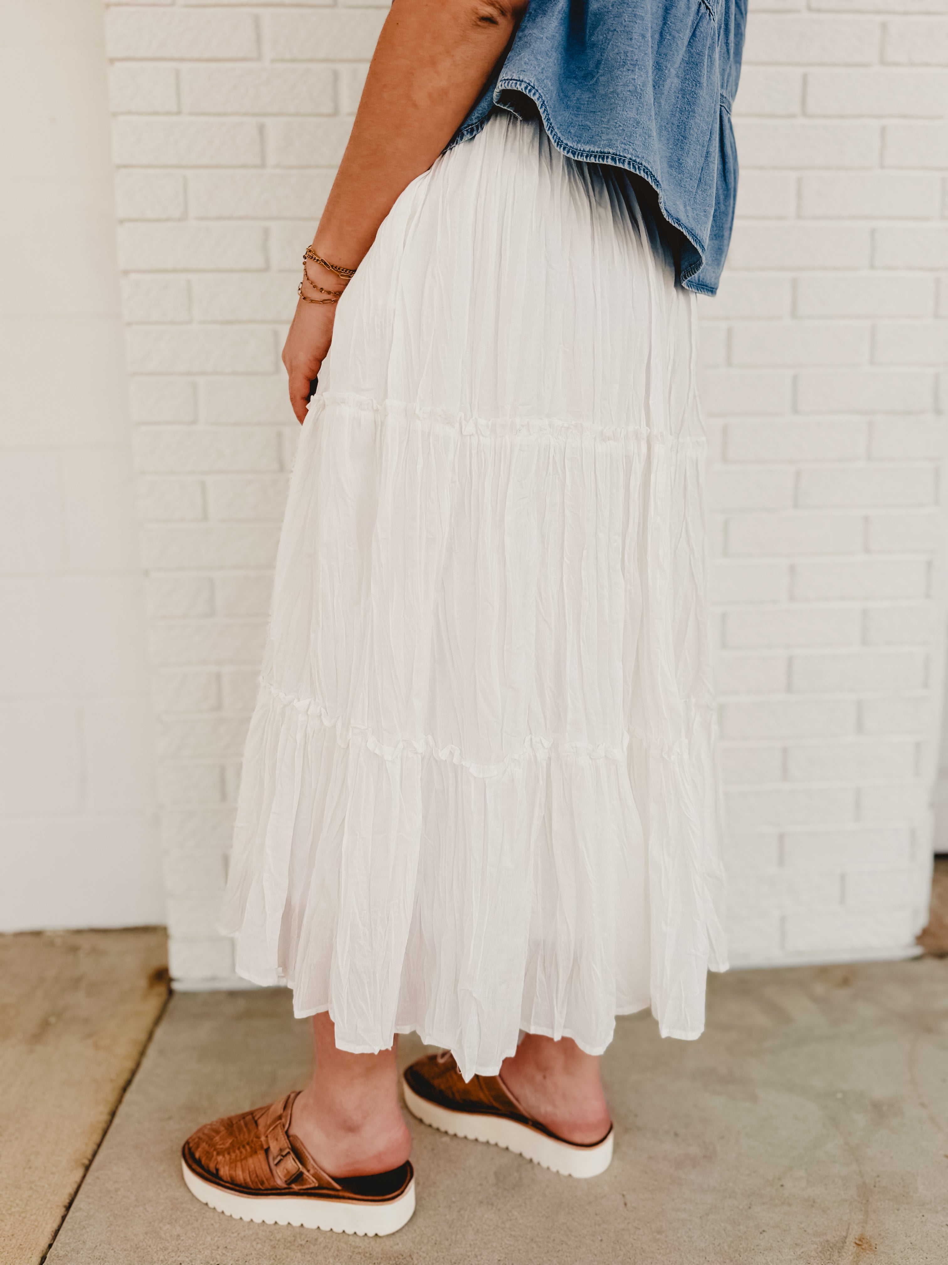 Crinkle Tiered Midi Skirt- White Crinkle Tiered Midi Skirt- White
