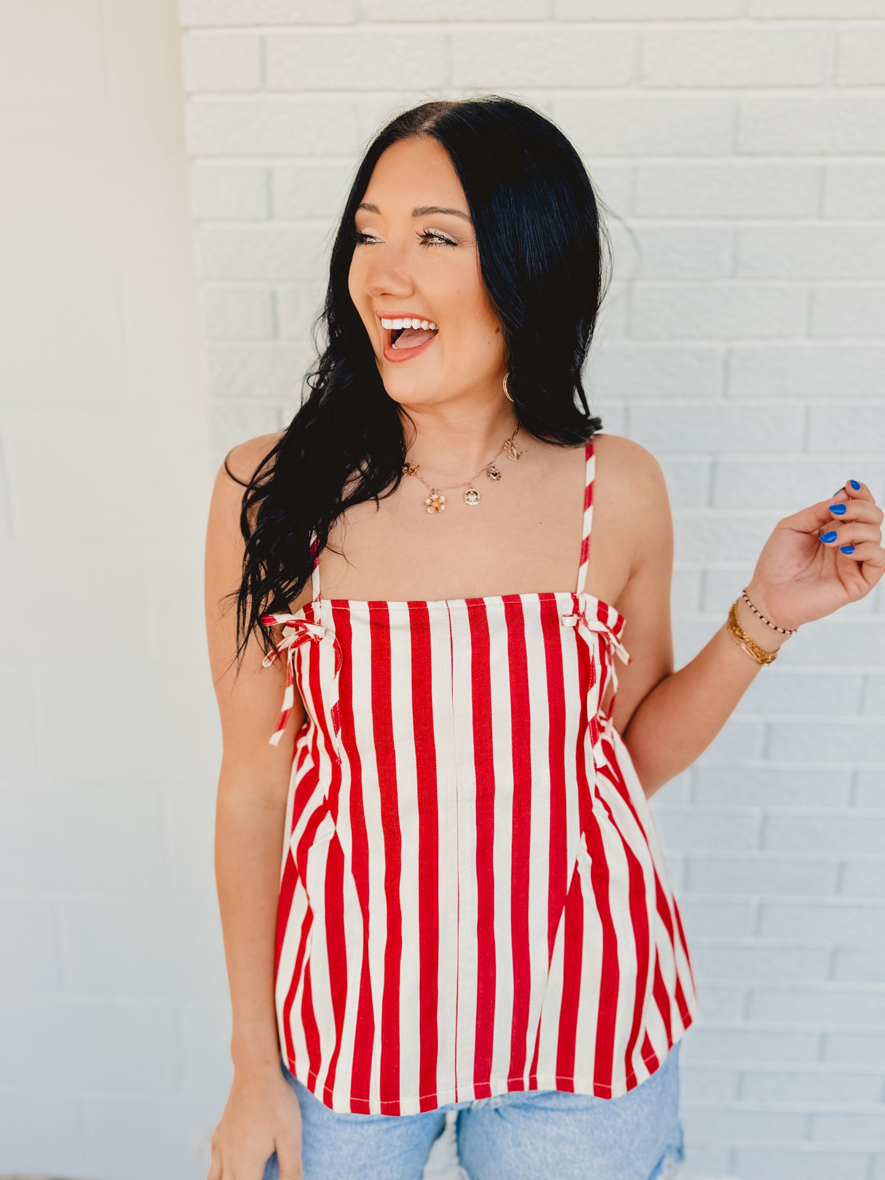 Striped Side Detail Tank - Red/ Ivory Striped Side Detail Tank - Red/ Ivory