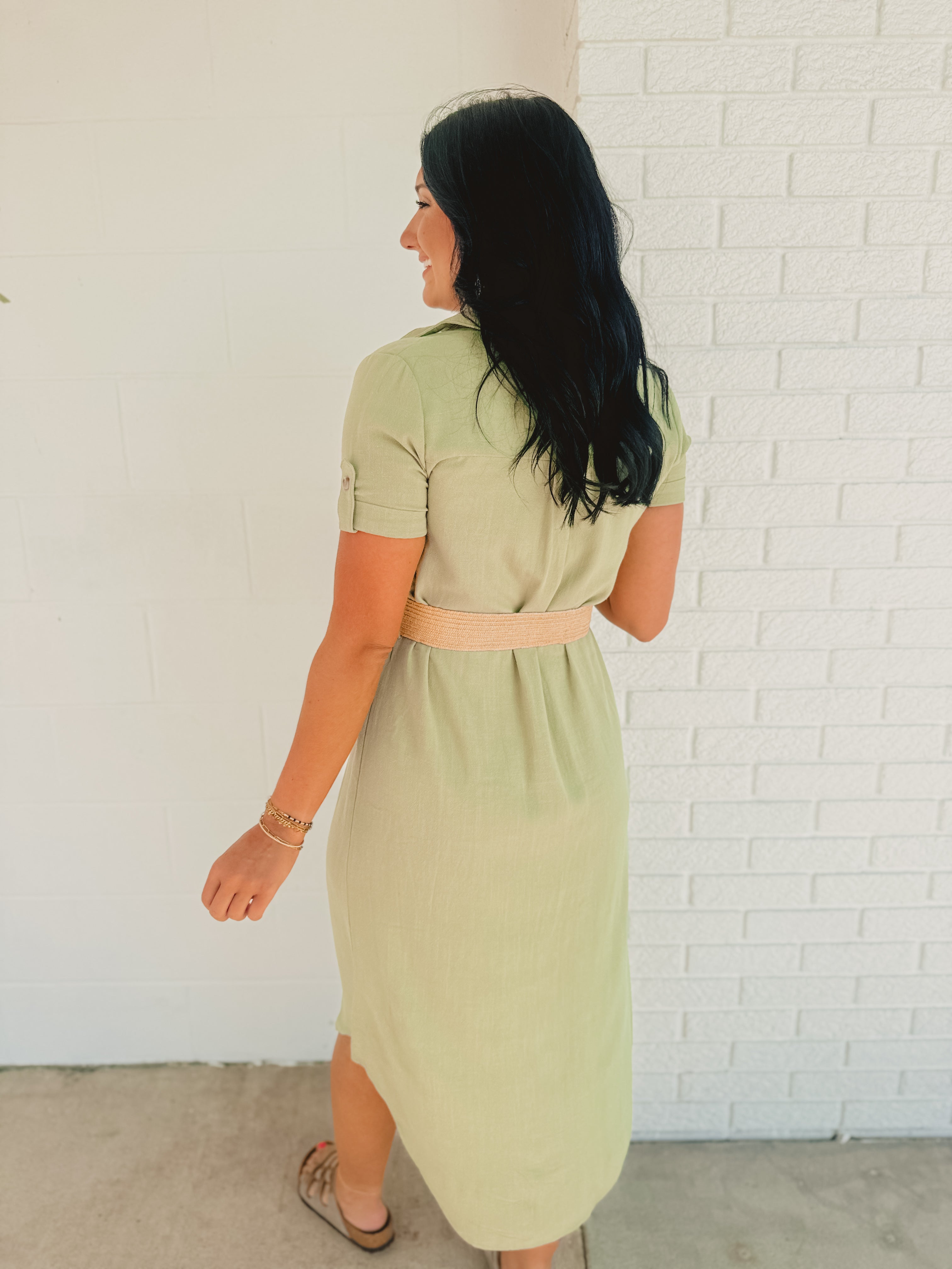 Button Down Belted Midi Dress - Olive Button Down Belted Midi Dress - Olive