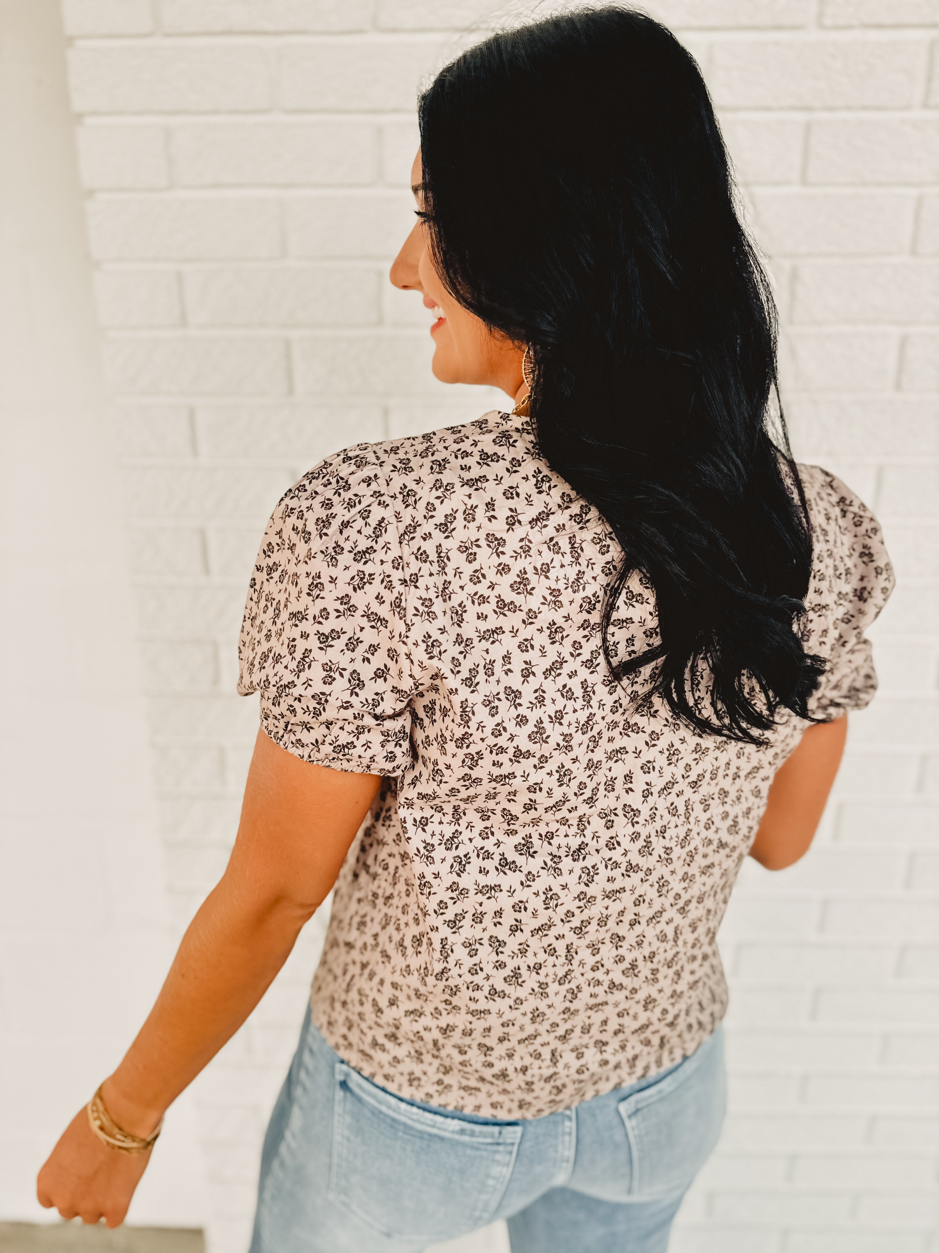 Bow Detail Floral Blouse - Stone/Black Bow Detail Floral Blouse - Stone/Black