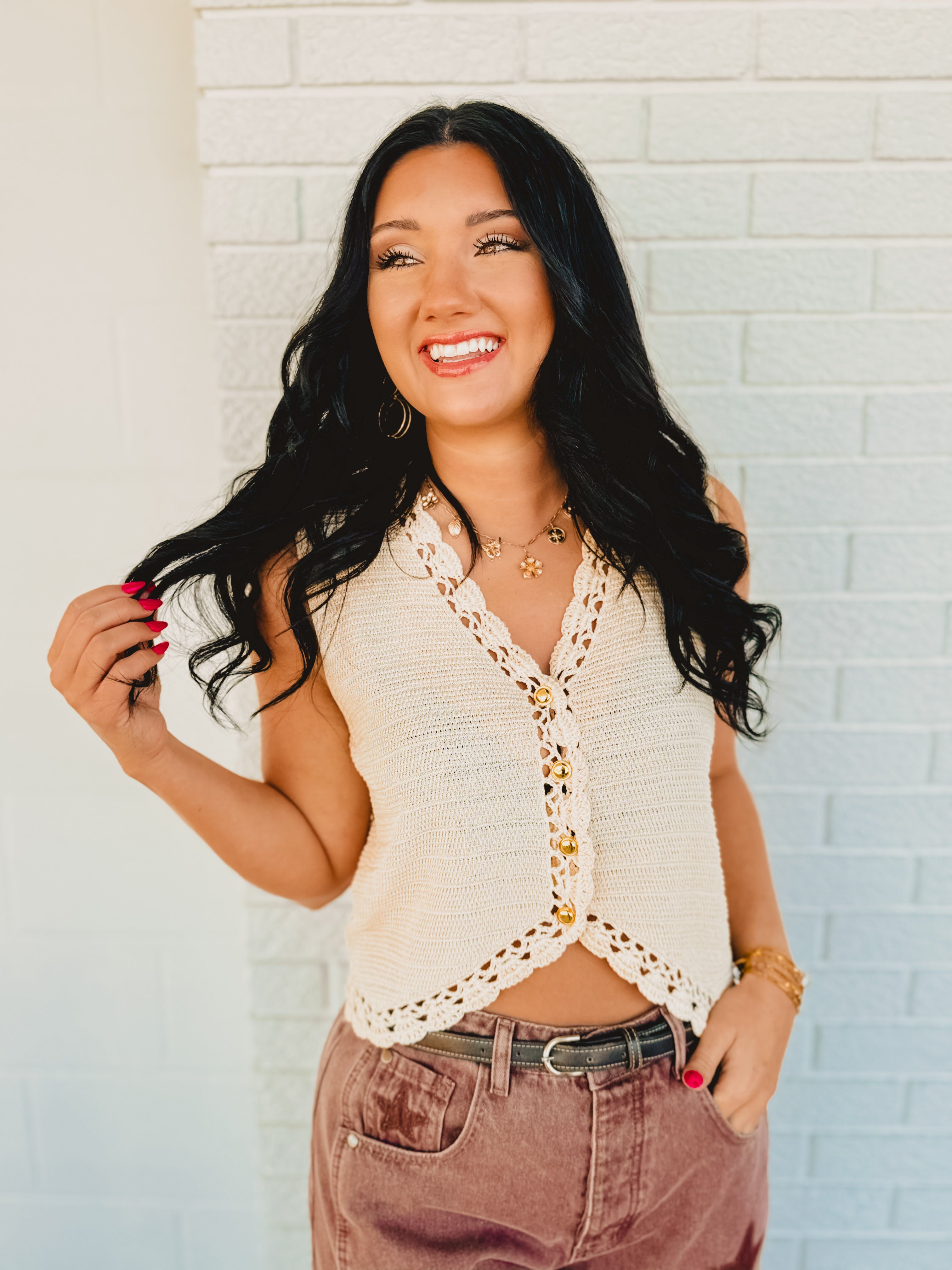 Crochet Trimmed Button Down Sweater Vest - Oatmeal Crochet Trimmed Button Down Sweater Vest - Oatmeal