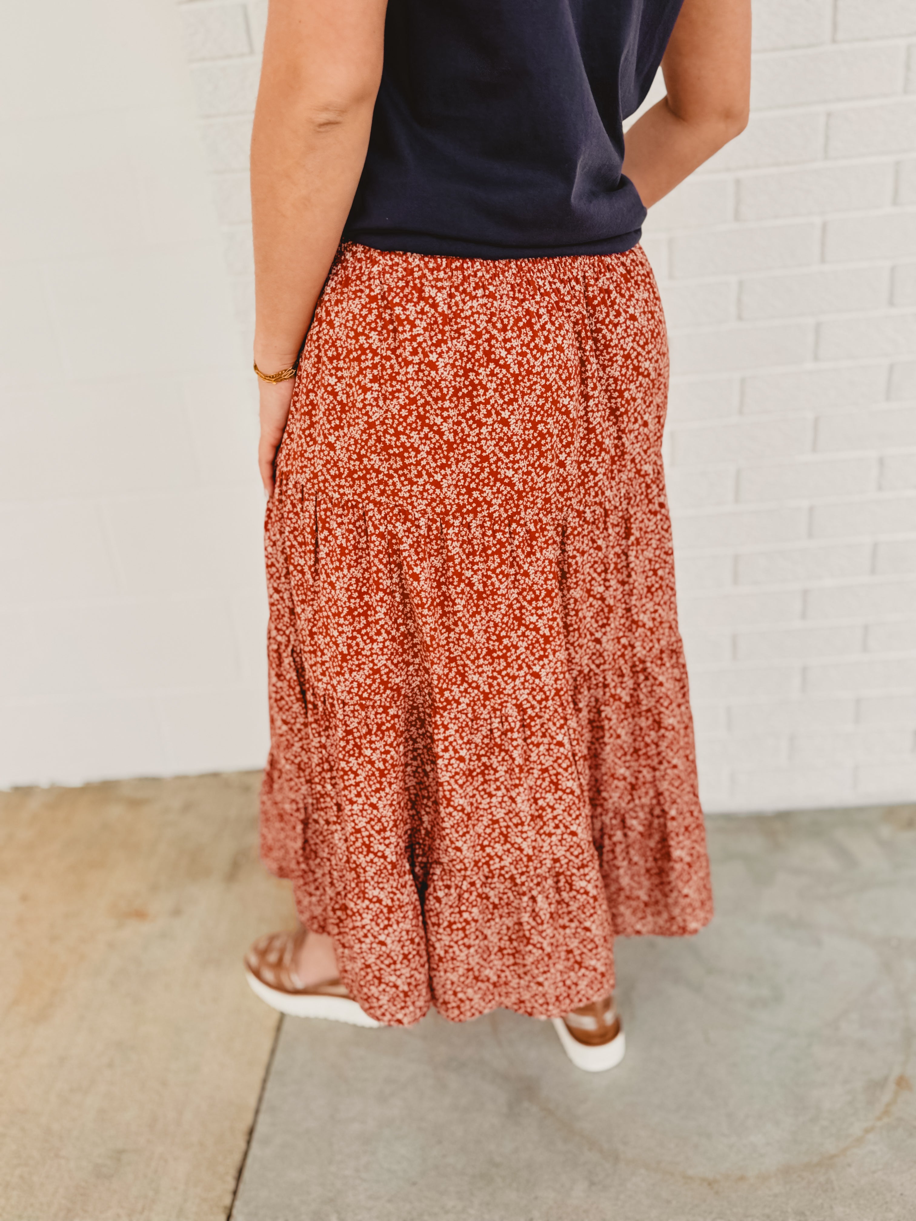 Floral Tiered Midi Skirt with Front Slit - Rust Floral Tiered Midi Skirt with Front Slit - Rust