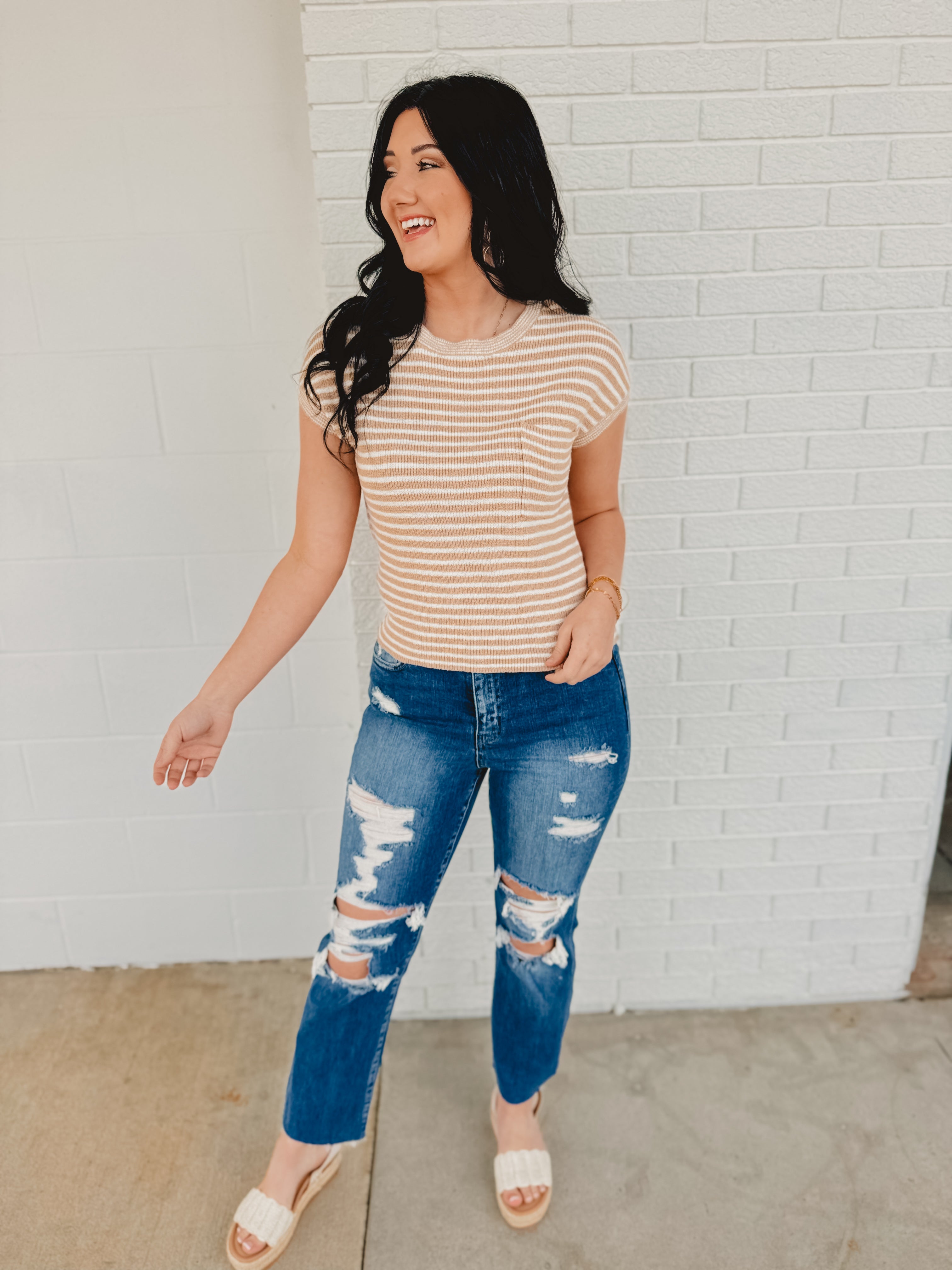 Striped Short Sleeve Pullover Sweater - Khaki