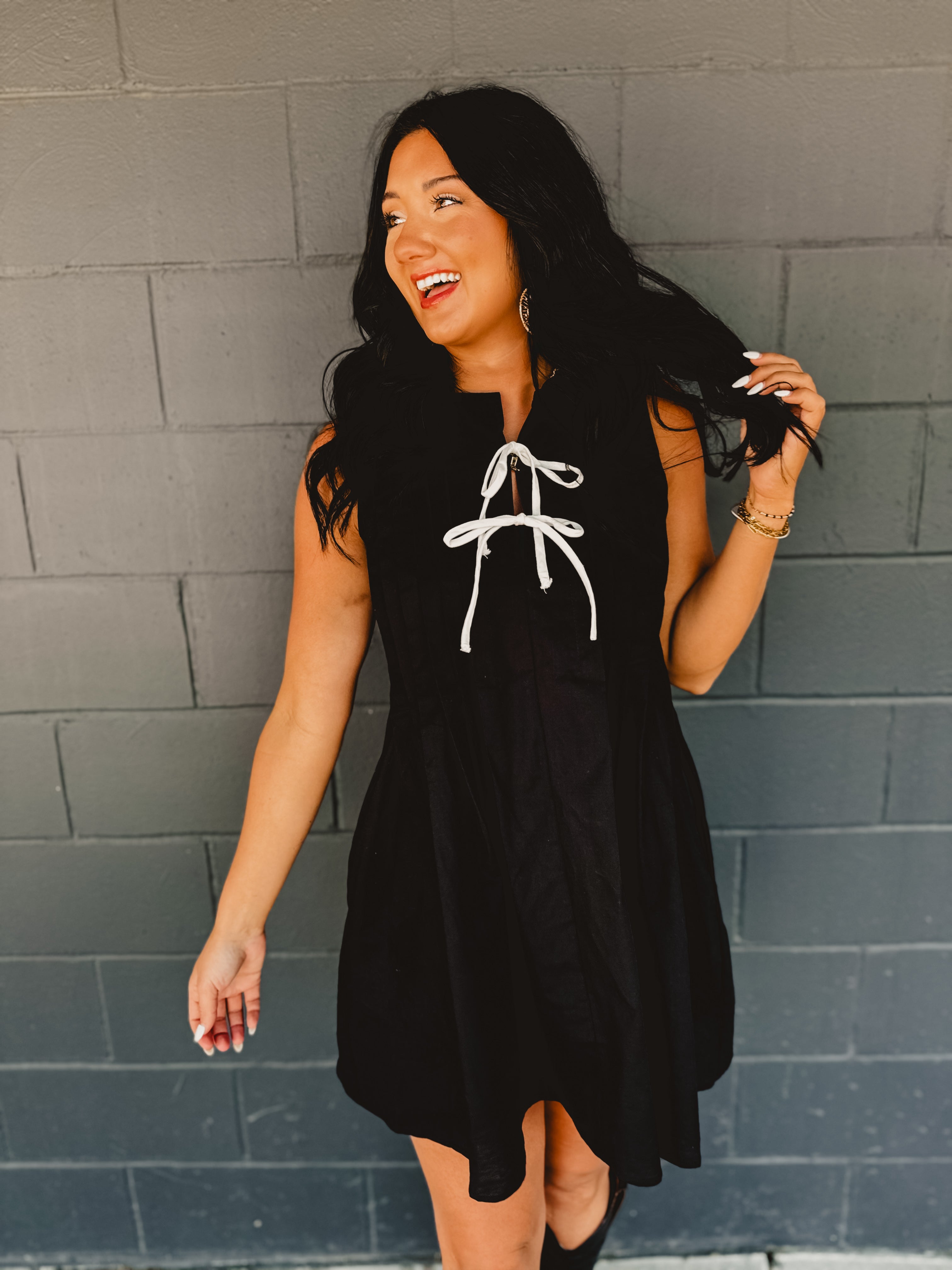 Bow Pleated Mini Dress - Black Bow Pleated Mini Dress - Black