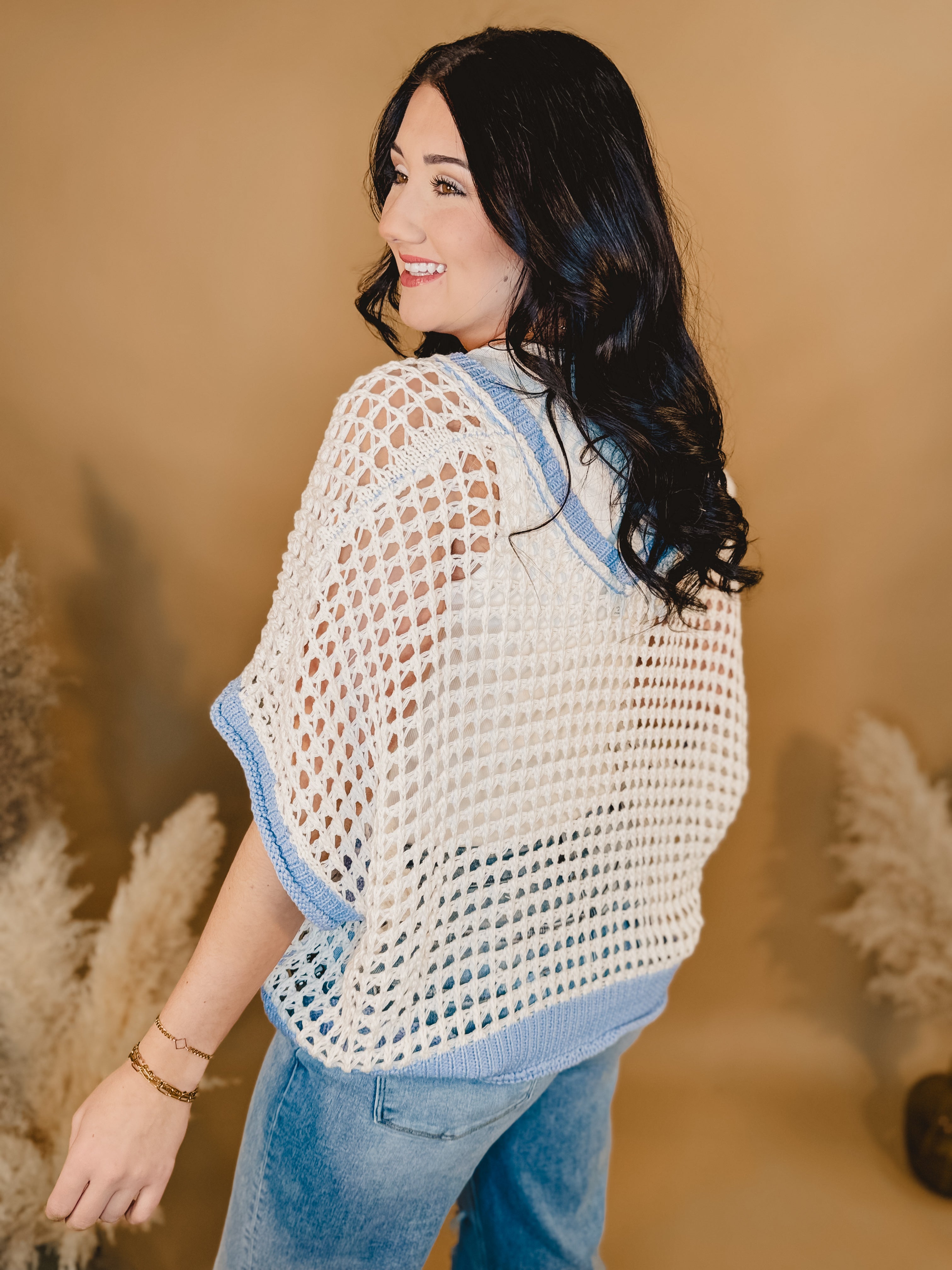 Daisy Crochet Knit Sweater - Ivory / Blue Daisy Crochet Knit Sweater - Ivory / Blue