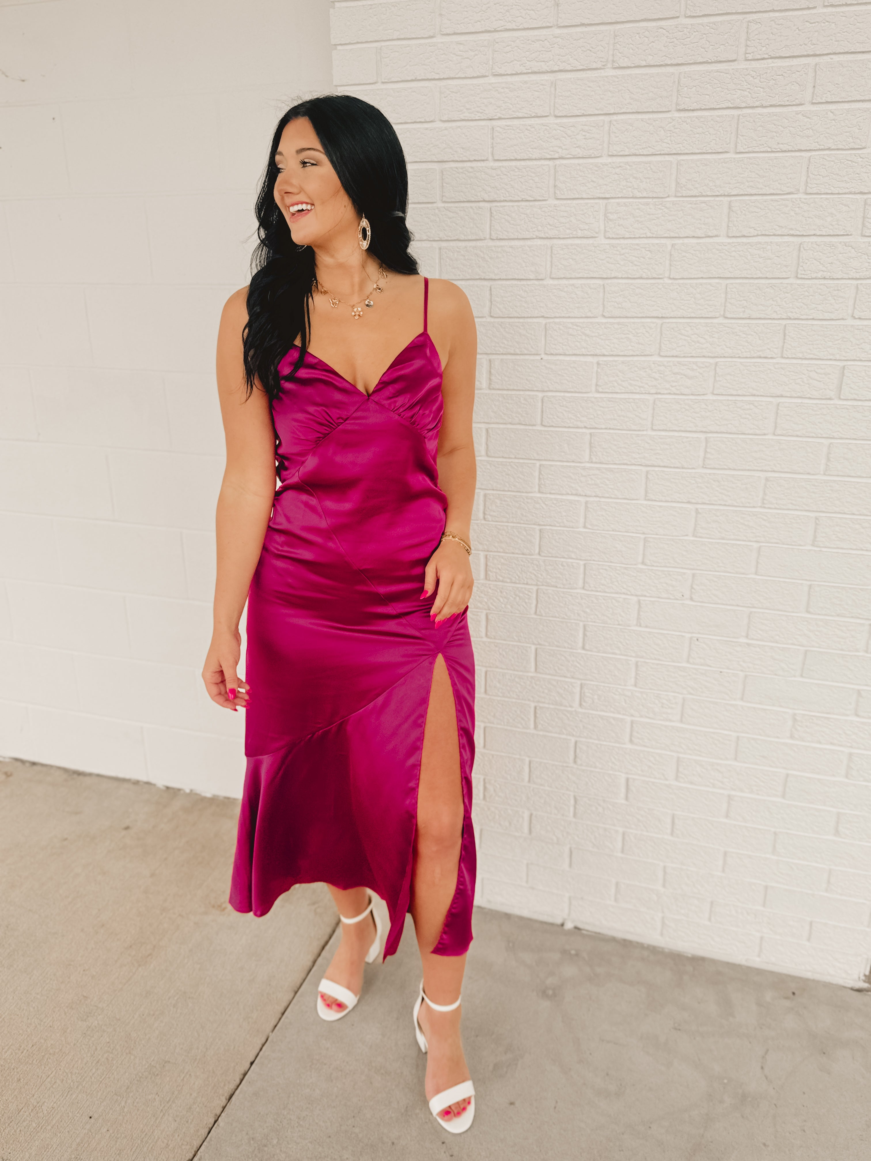 Tie-Back & Slit Midi Slip Dress - Deep Claret