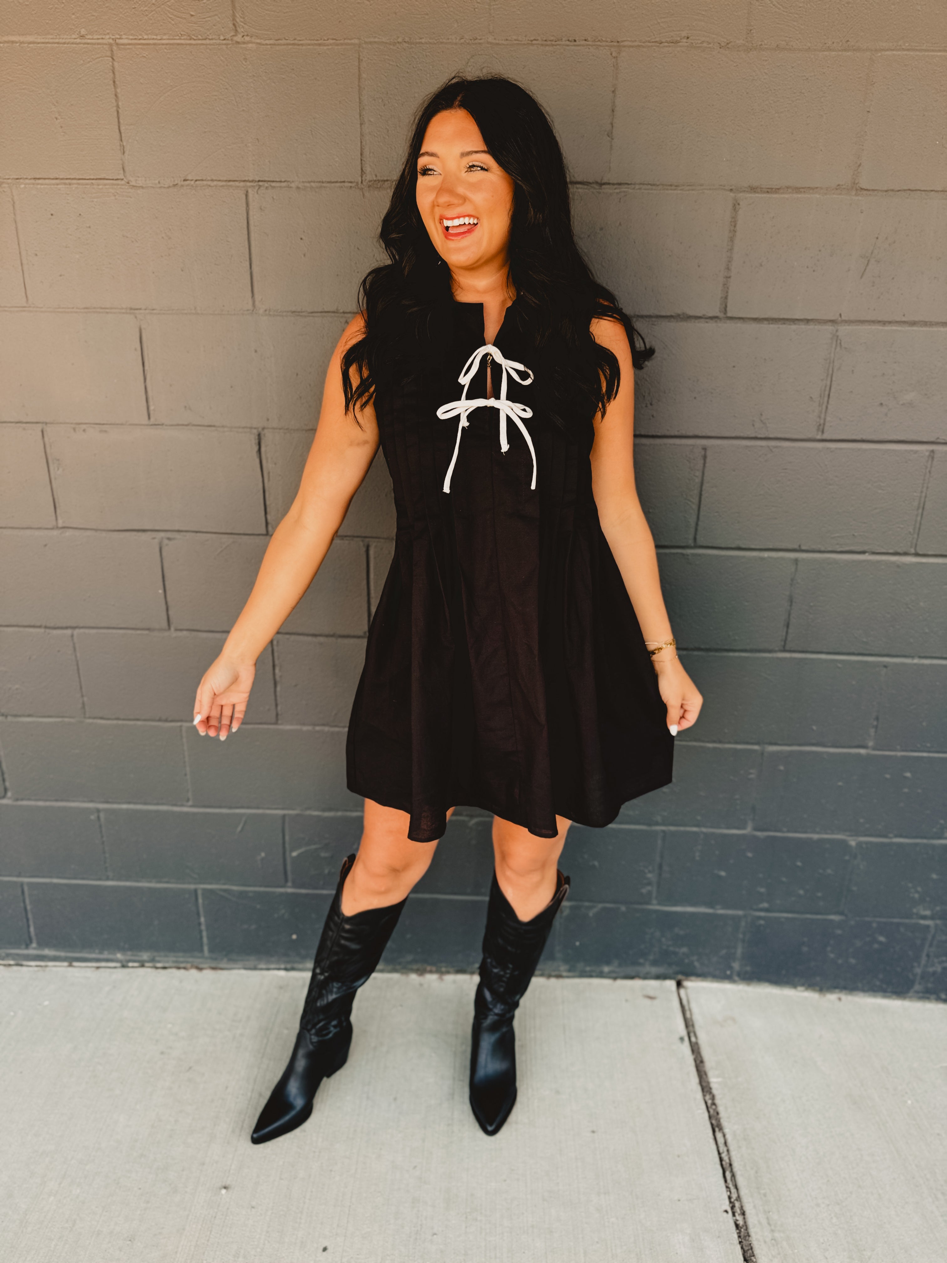 Bow Pleated Mini Dress - Black Bow Pleated Mini Dress - Black