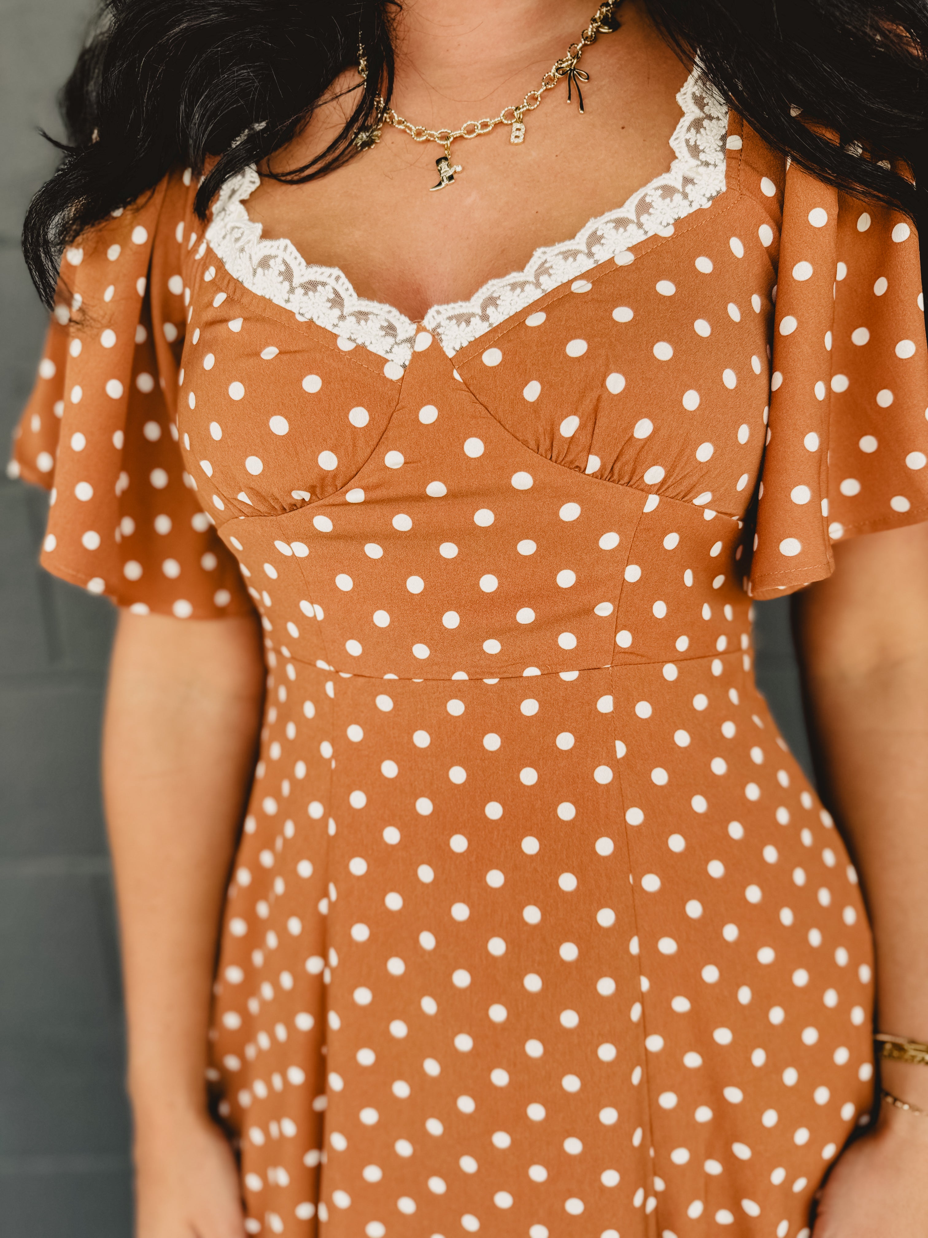 Flutter Sleeve Polka Dot Maxi Dress - Sepia