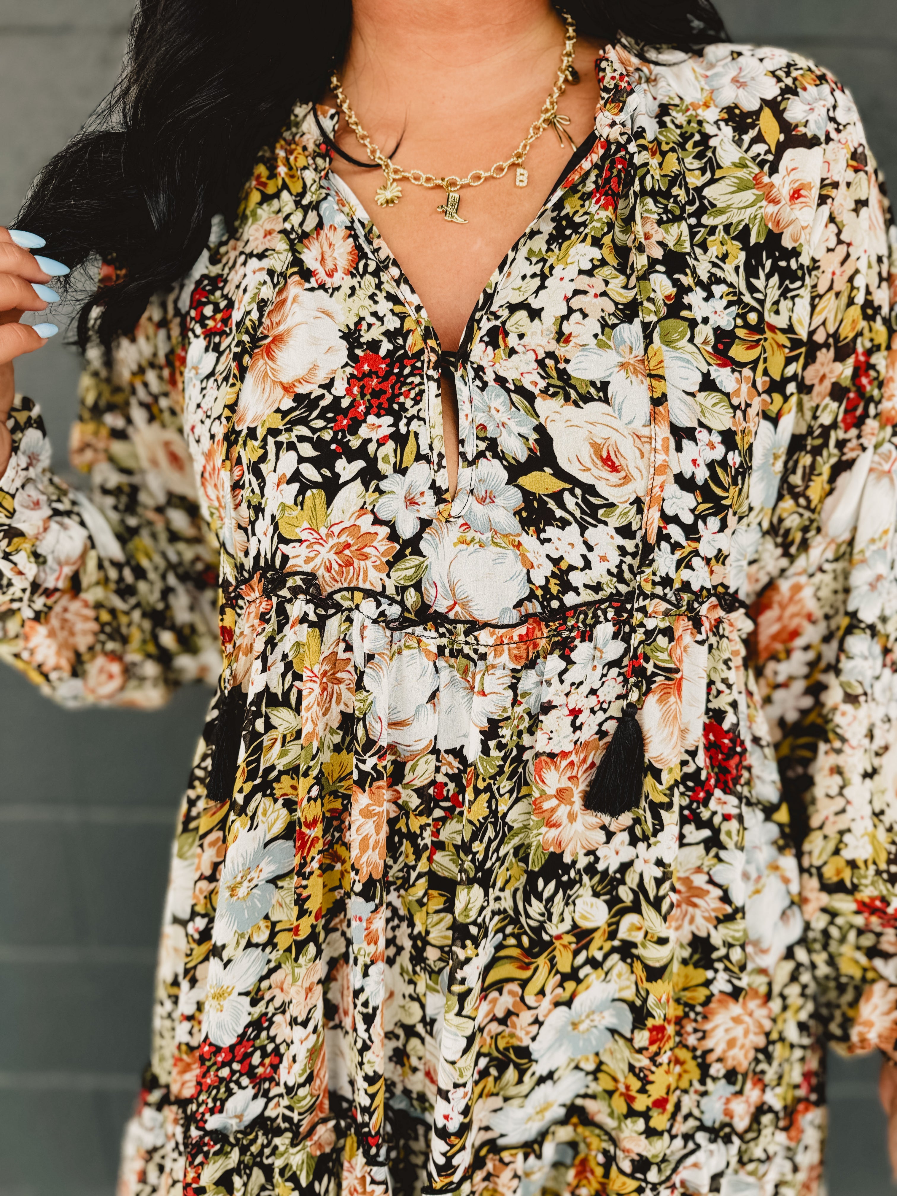 Floral Printed Chiffon Long Sleeve Midi Dress - Black