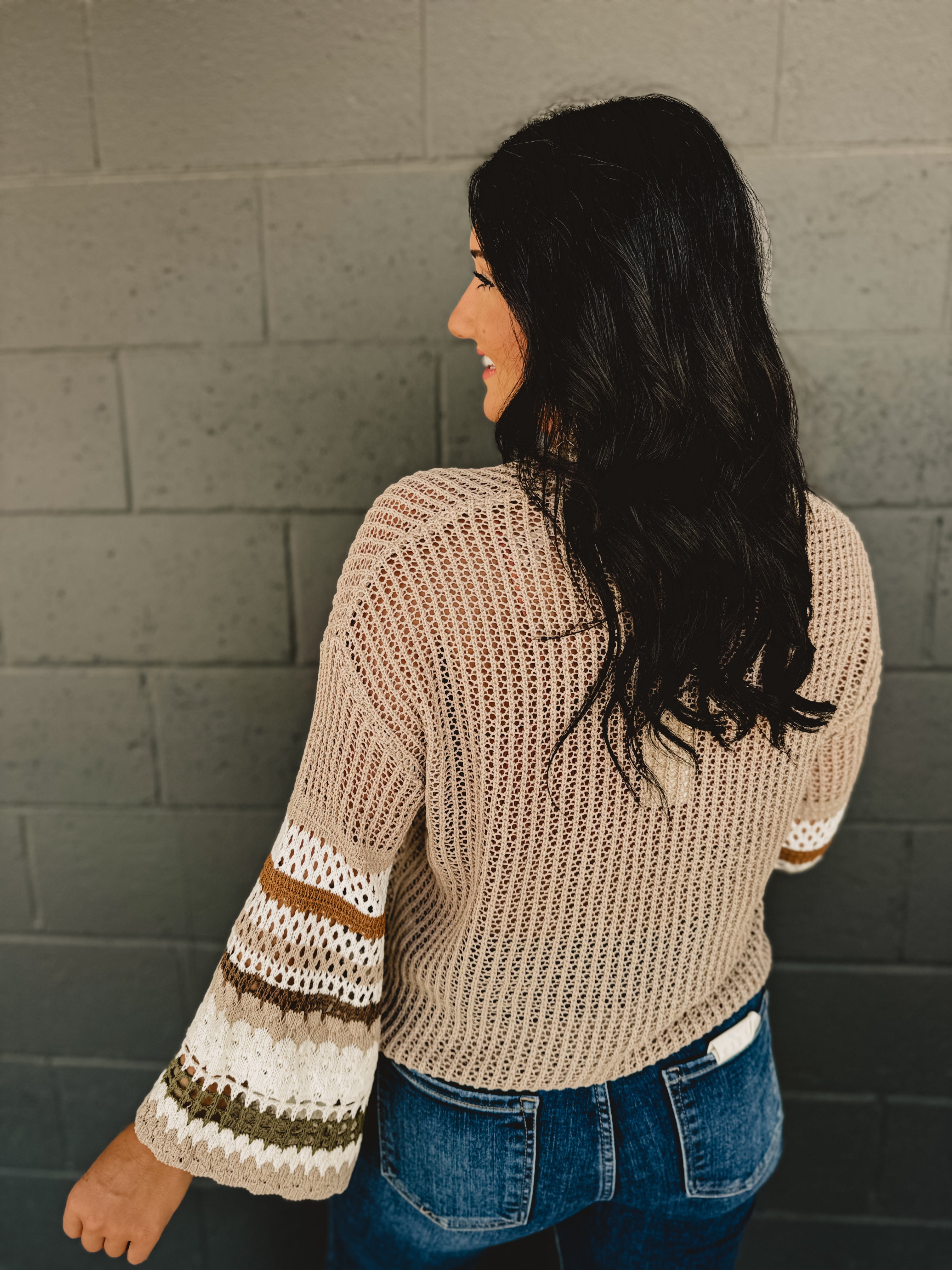 Striped Sleeve Detail Crochet Cardigan - Mocha/Olive