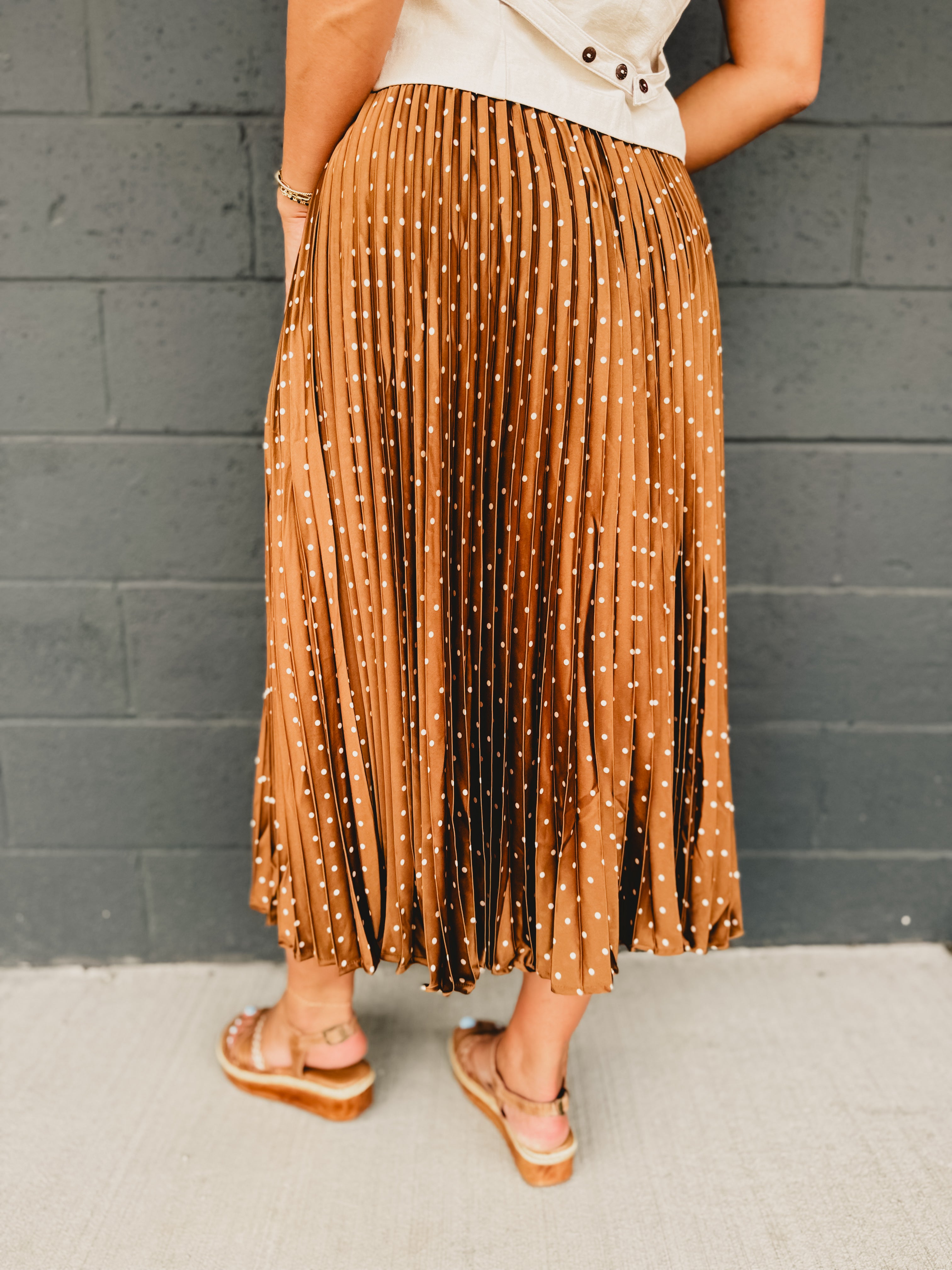 Polka Dot Pleated Skirt - Mocha Mousse
