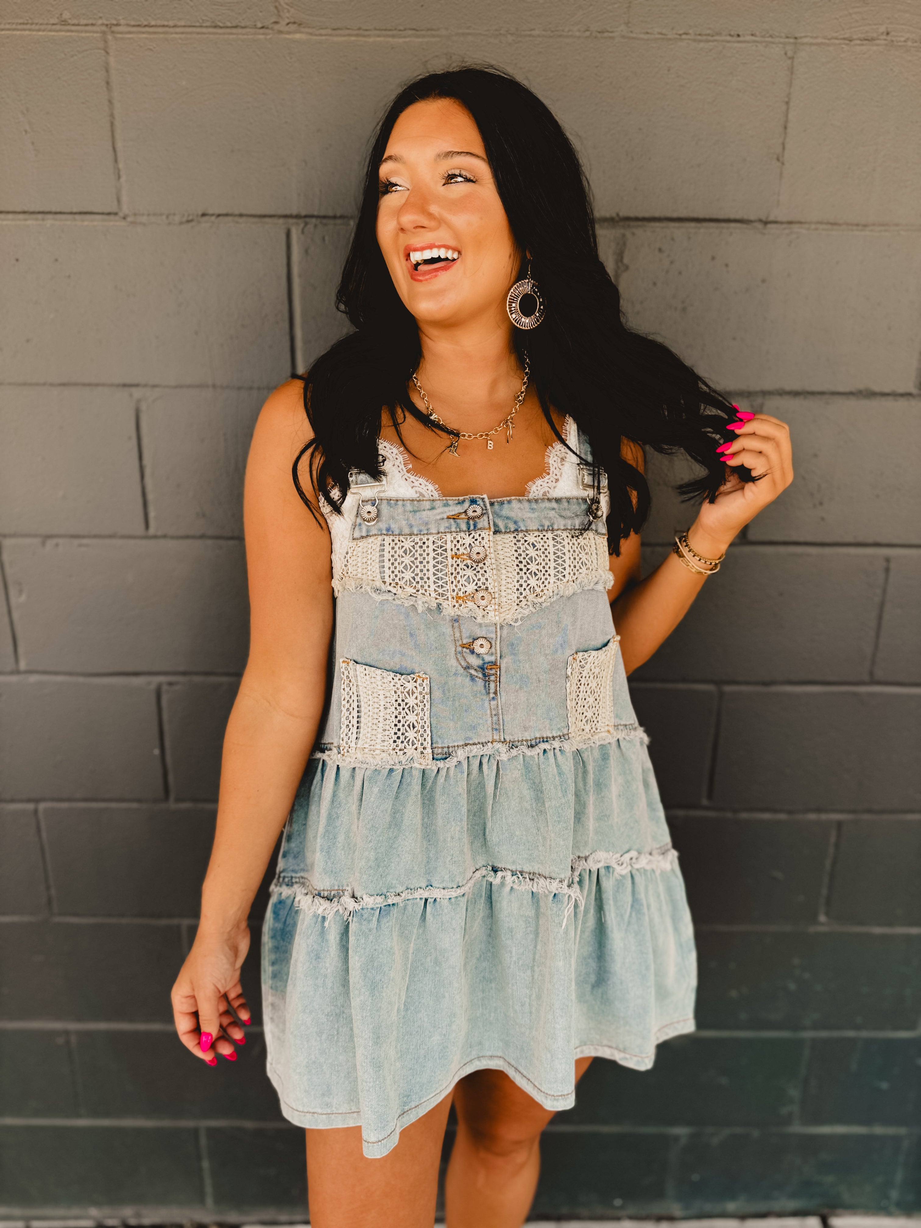 POL Denim Frayed Hem Overall Dress