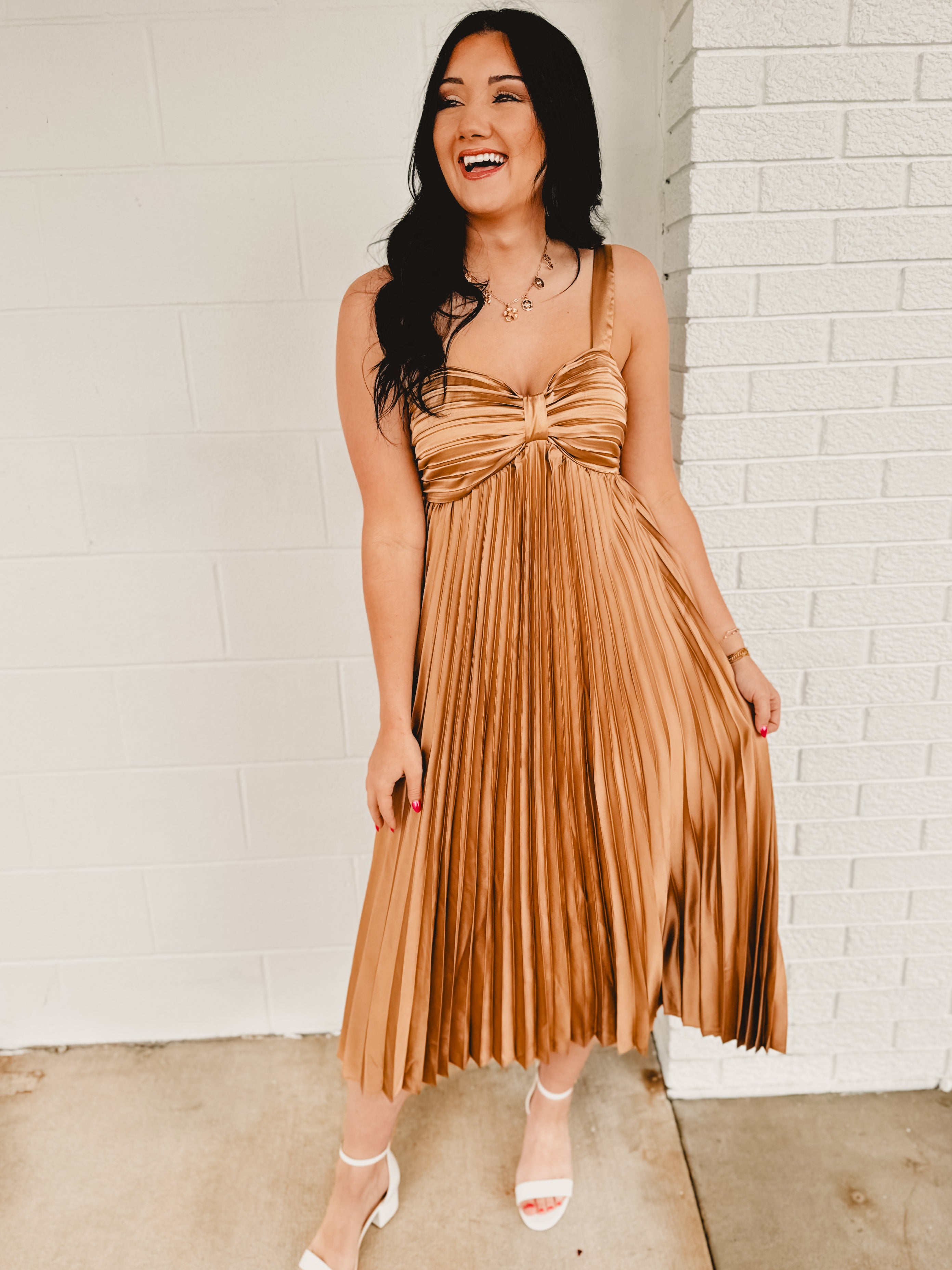 Satin Pleated Midi Dress - Golden