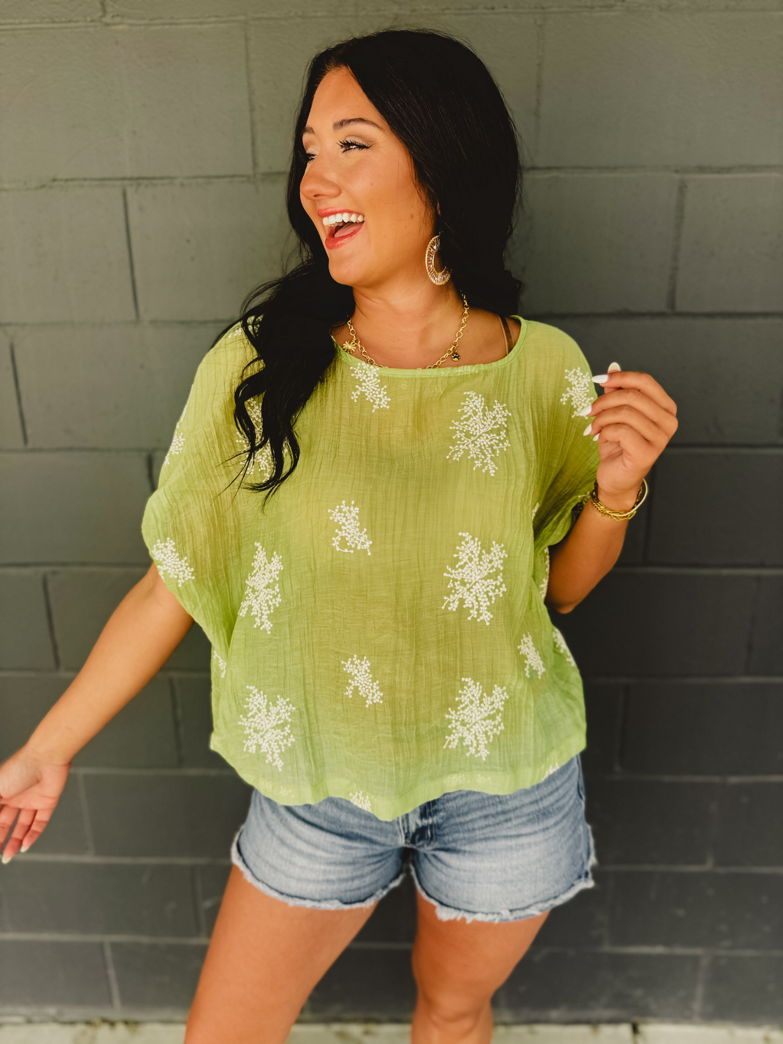 Embroidered Dolman Sleeve Top - Eucalyptus