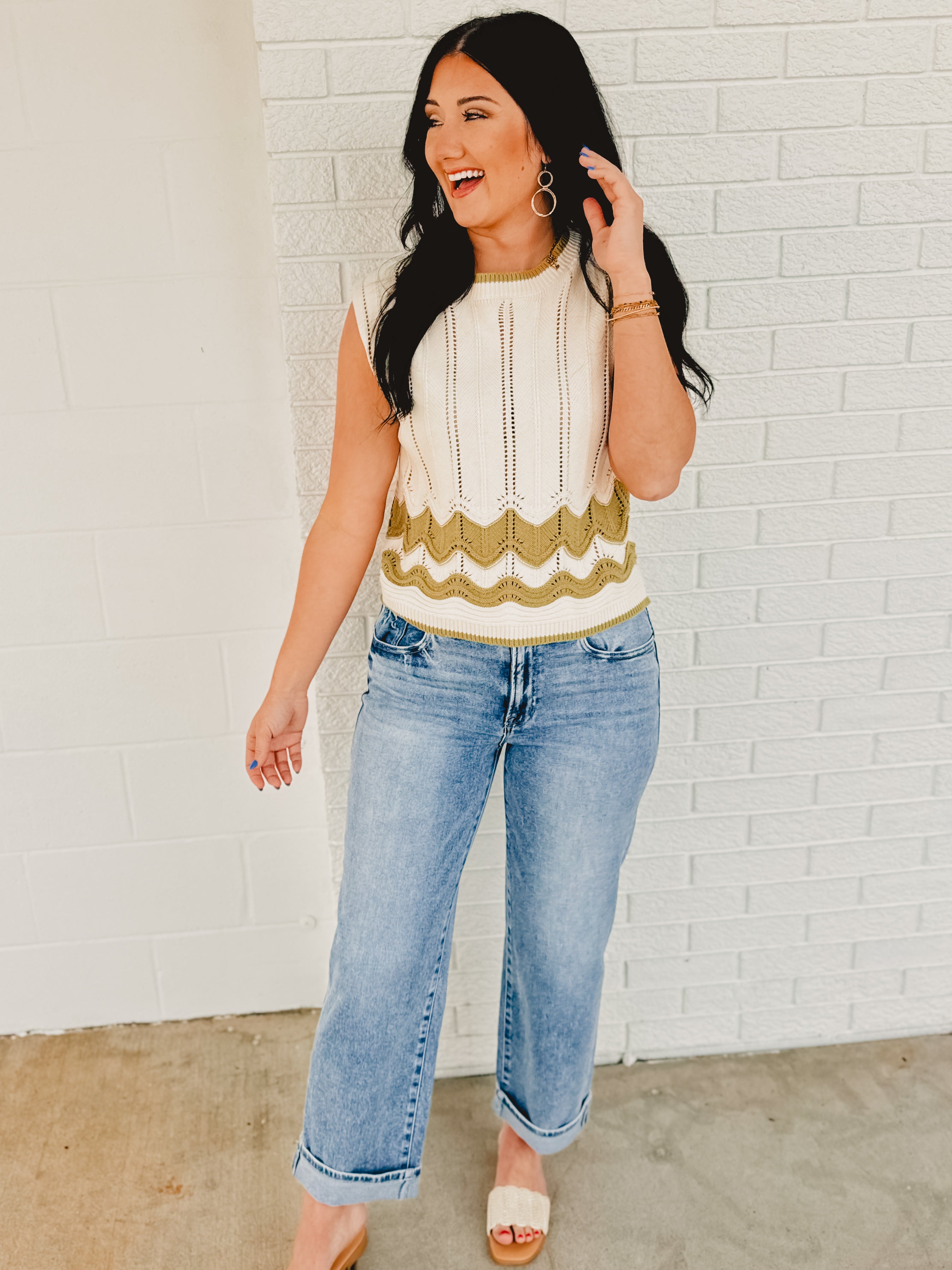 Cable Knit Sleeveless Top - Cream/Sage Cable Knit Sleeveless Top - Cream/Sage