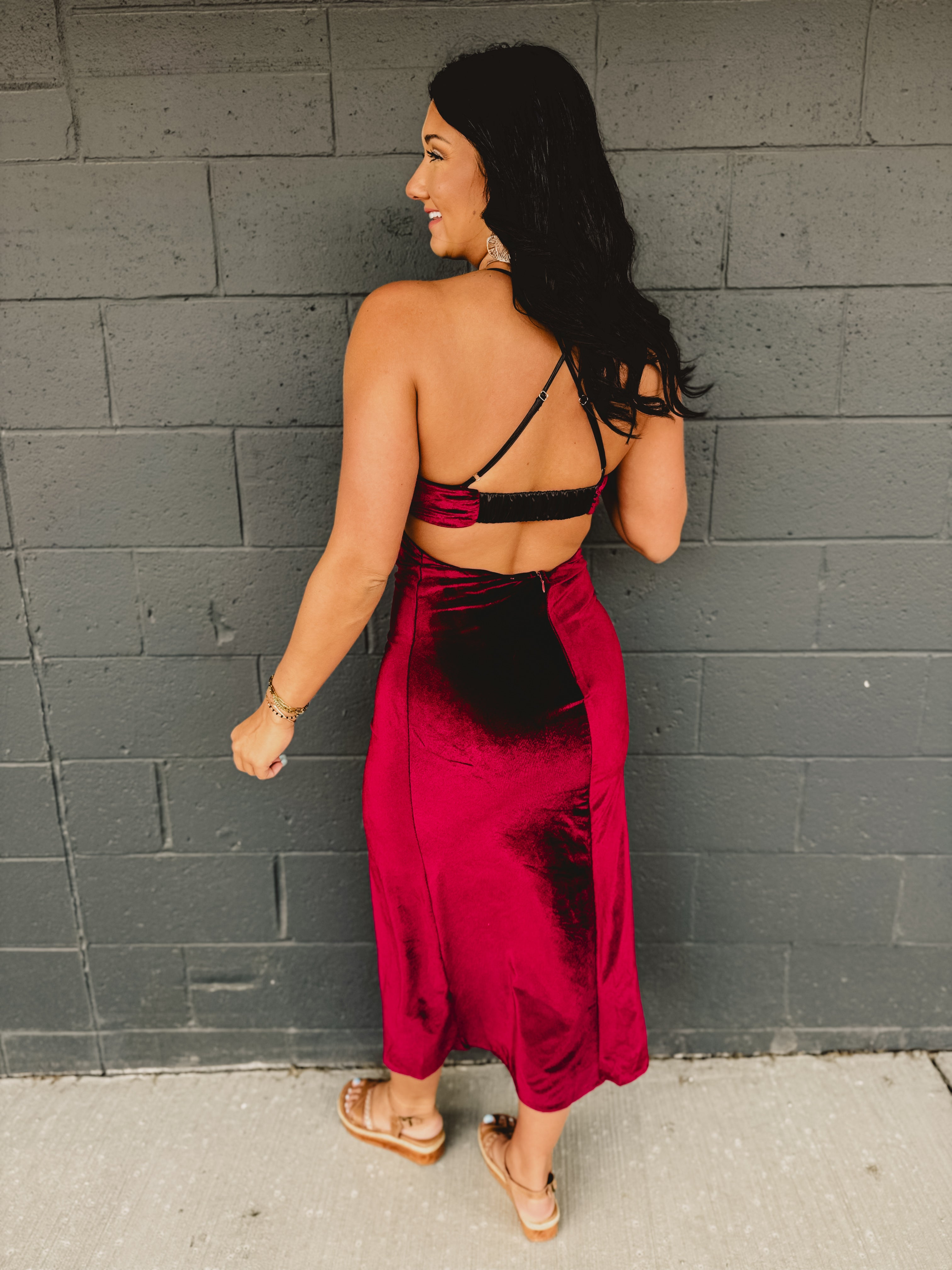 Velvet Cut-Out Open Back Maxi Dress - Burgundy