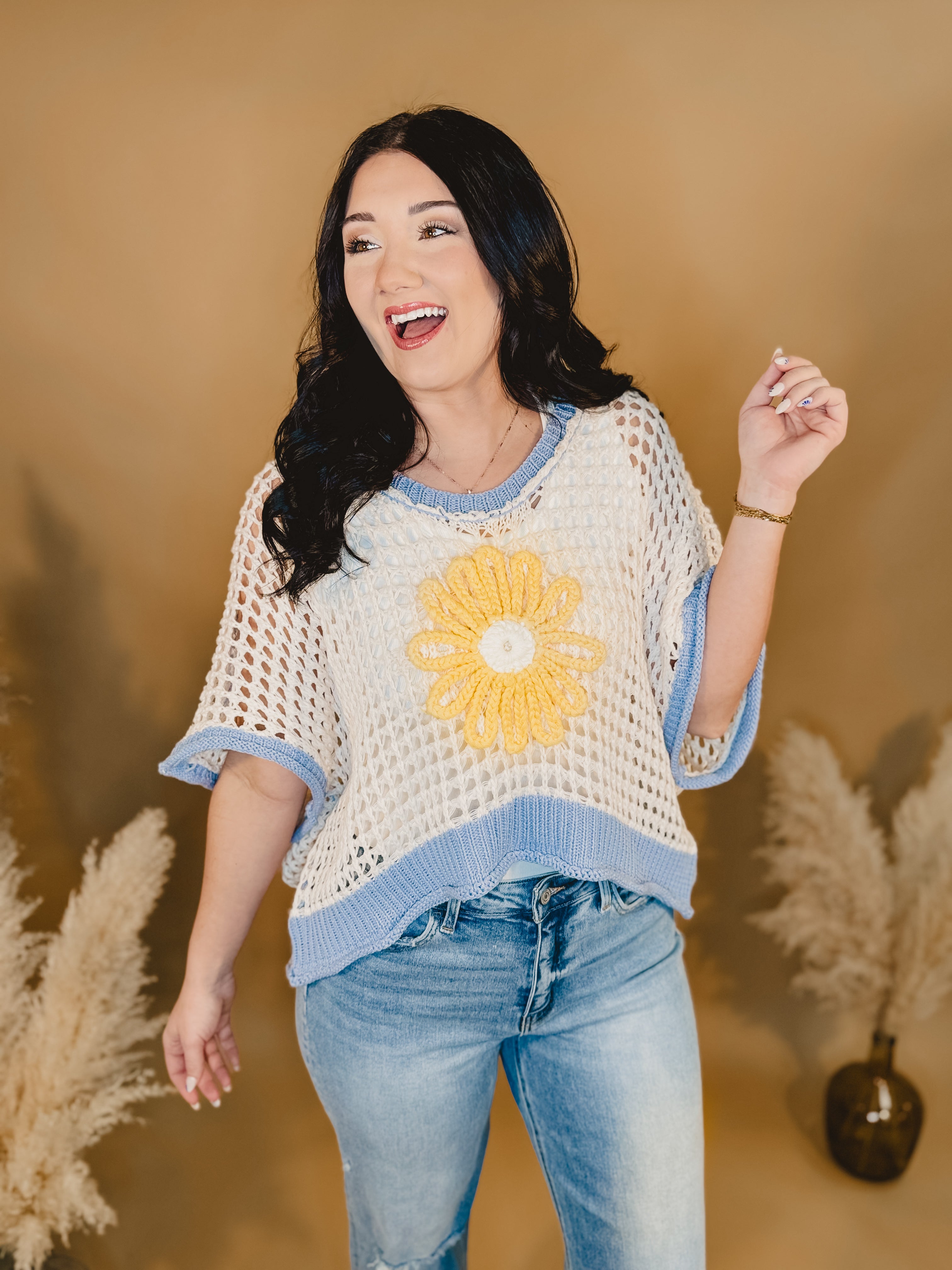 Daisy Crochet Knit Sweater - Ivory / Blue Daisy Crochet Knit Sweater - Ivory / Blue