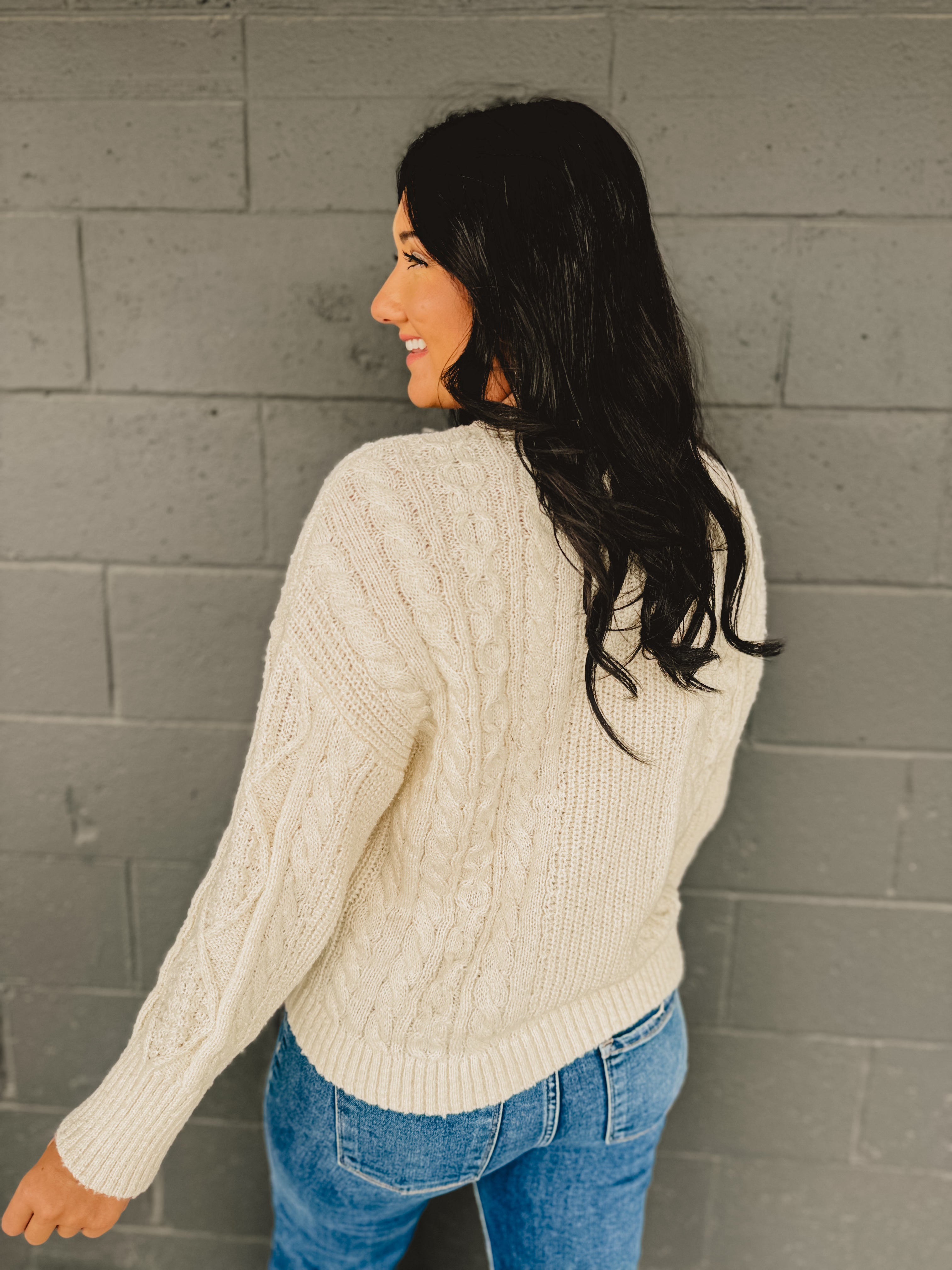 Cable Knit Crewneck Long Sleeve Sweater - Cream Cable Knit Crewneck Long Sleeve Sweater - Cream