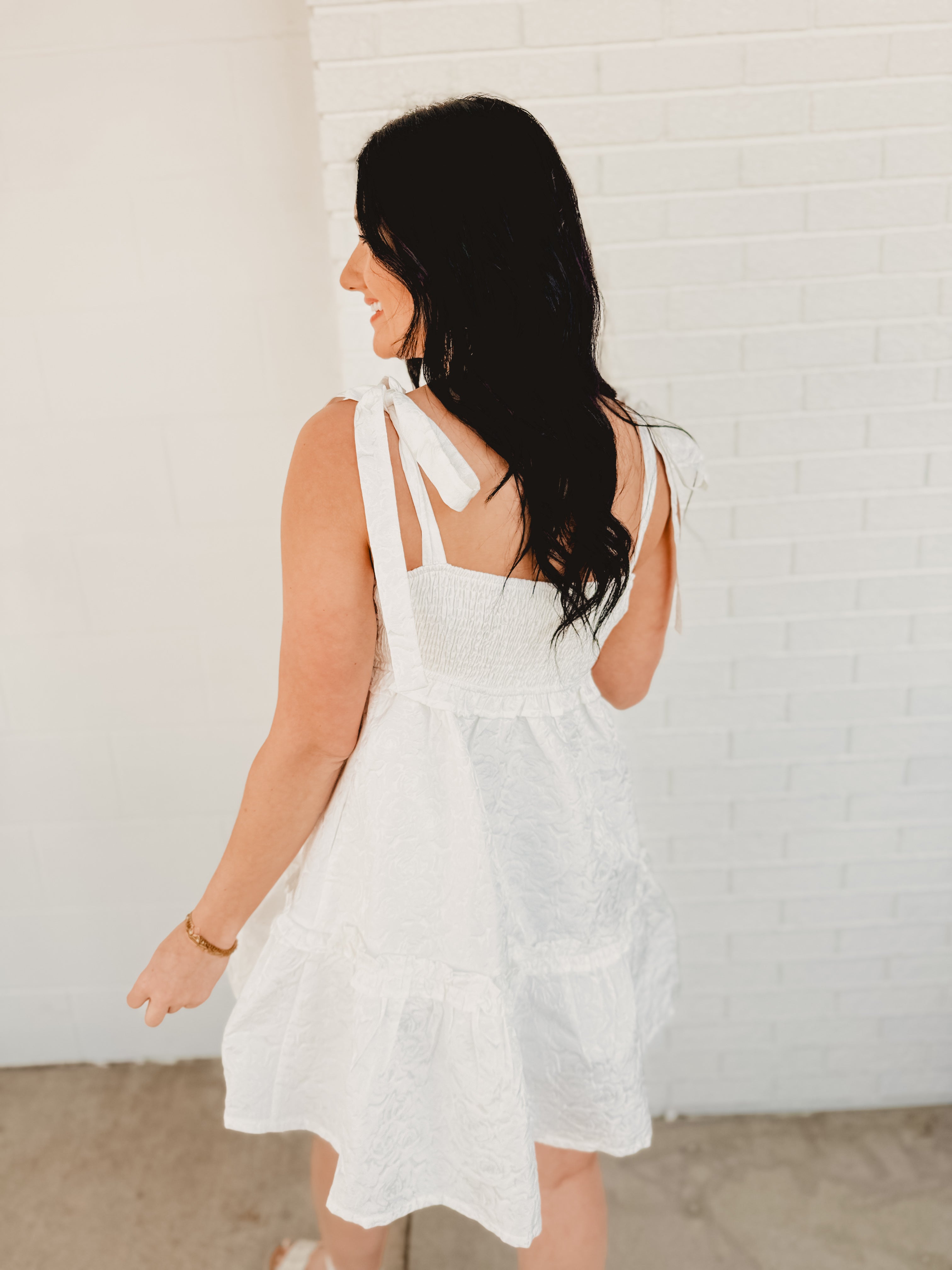 Textured Jacquard Smocked Babydoll Dress - White